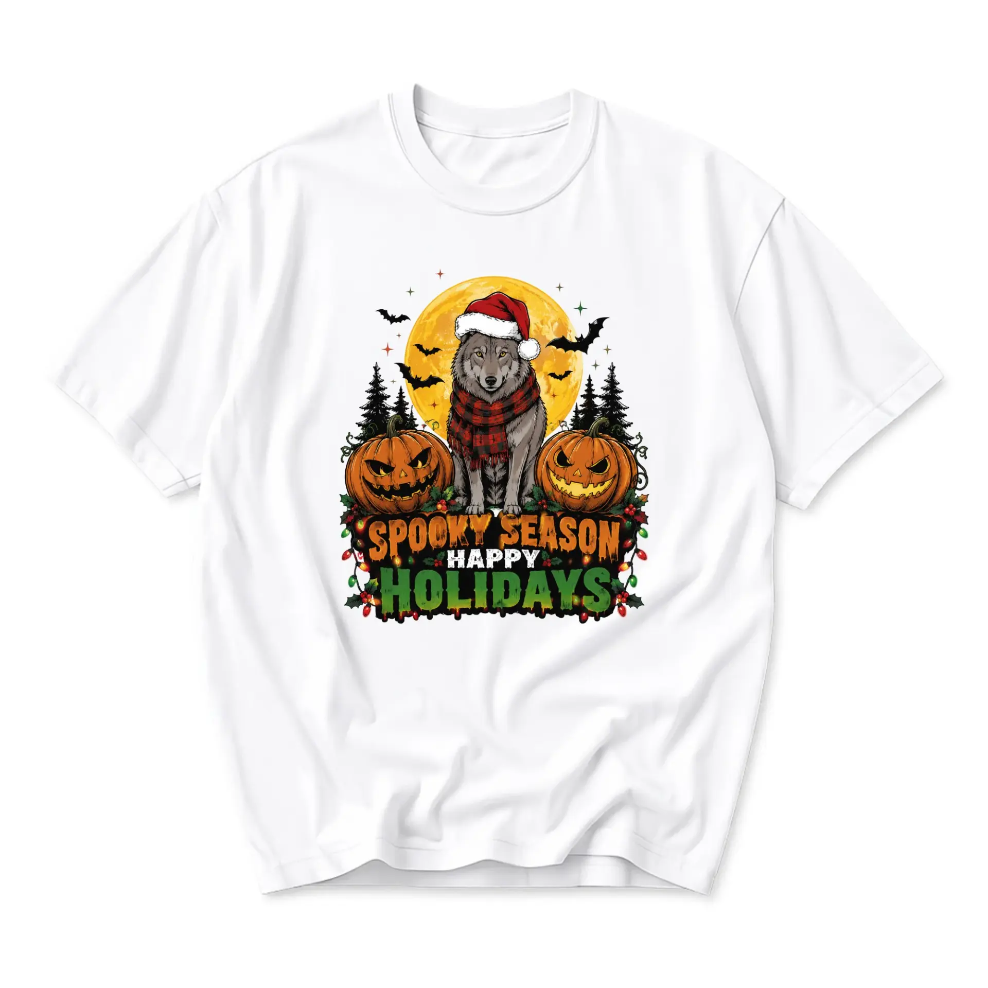 Graphic Tee Spooky Season Happy Holidays Wolf Shirt Pumpkin Seasonal Print Unisex Short Sleeve Crew Neck Top Casual Wear