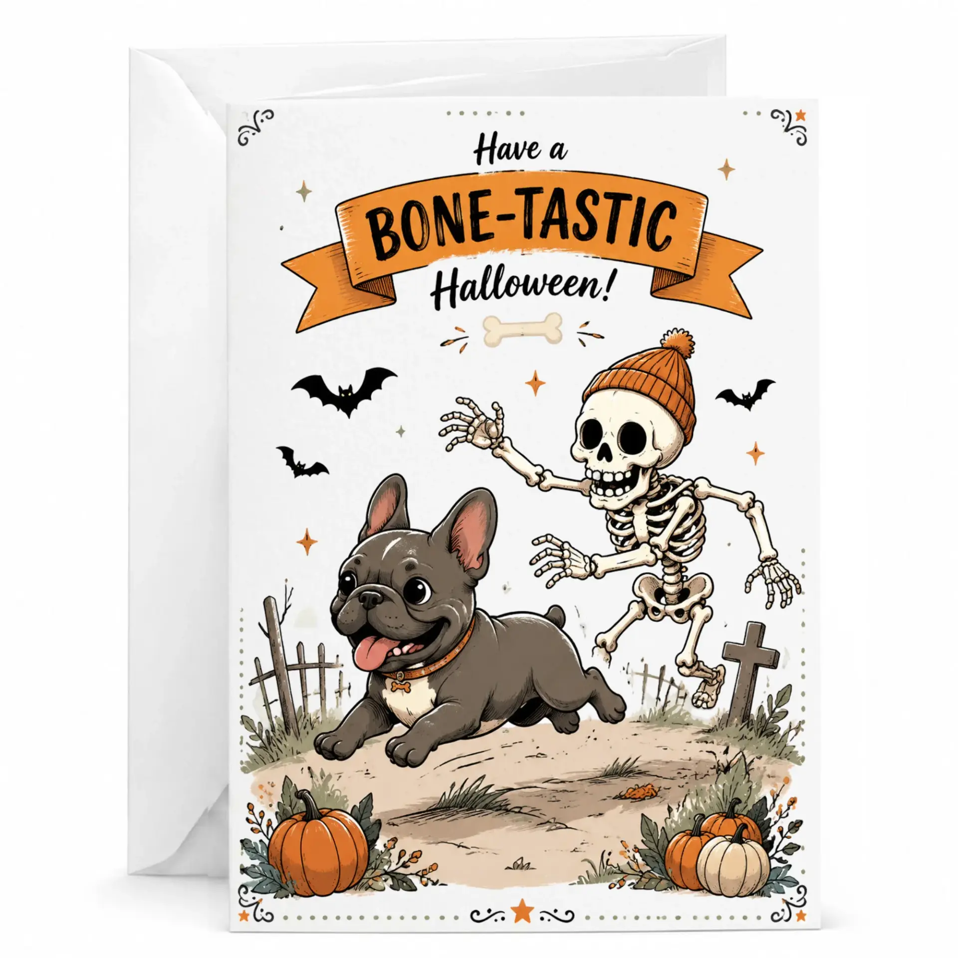 Funny Halloween Greeting Card Bone-Tastic Holiday with and Skeleton Illustration 5x7 Inches