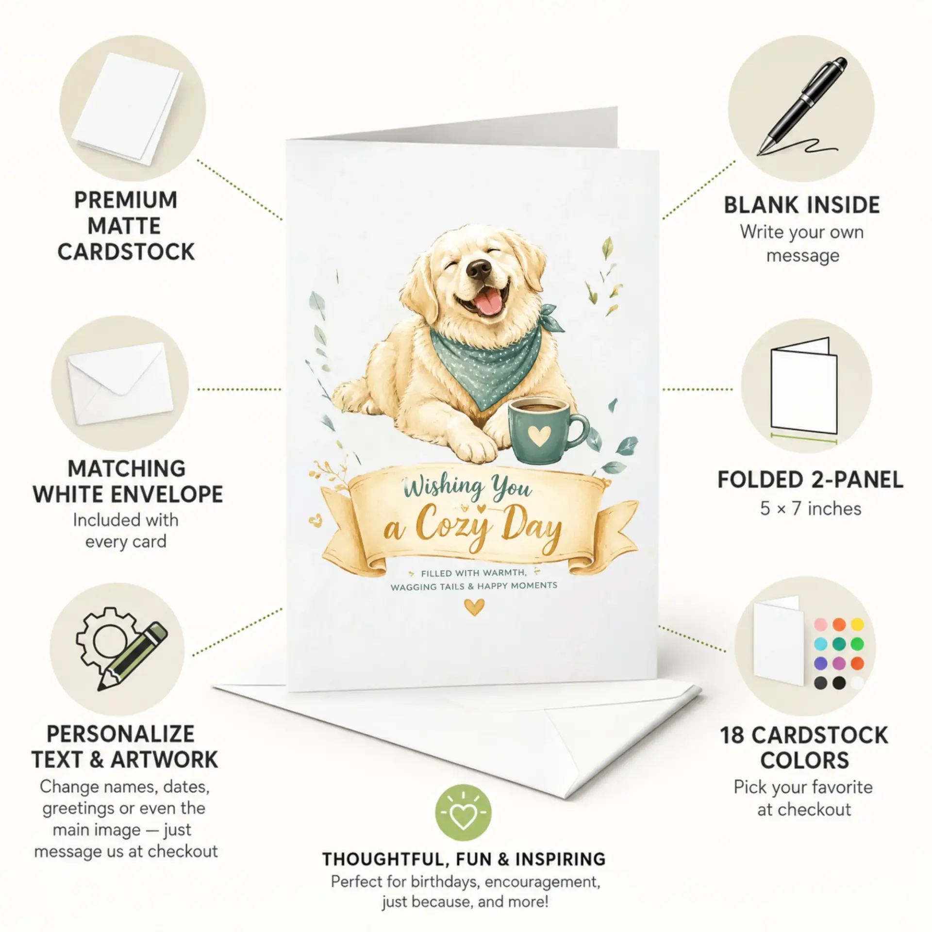 Greeting Card Featuring a Happy Dog with a Coffee Mug and Cozy Message for Special Occasions and Heartfelt Greetings
