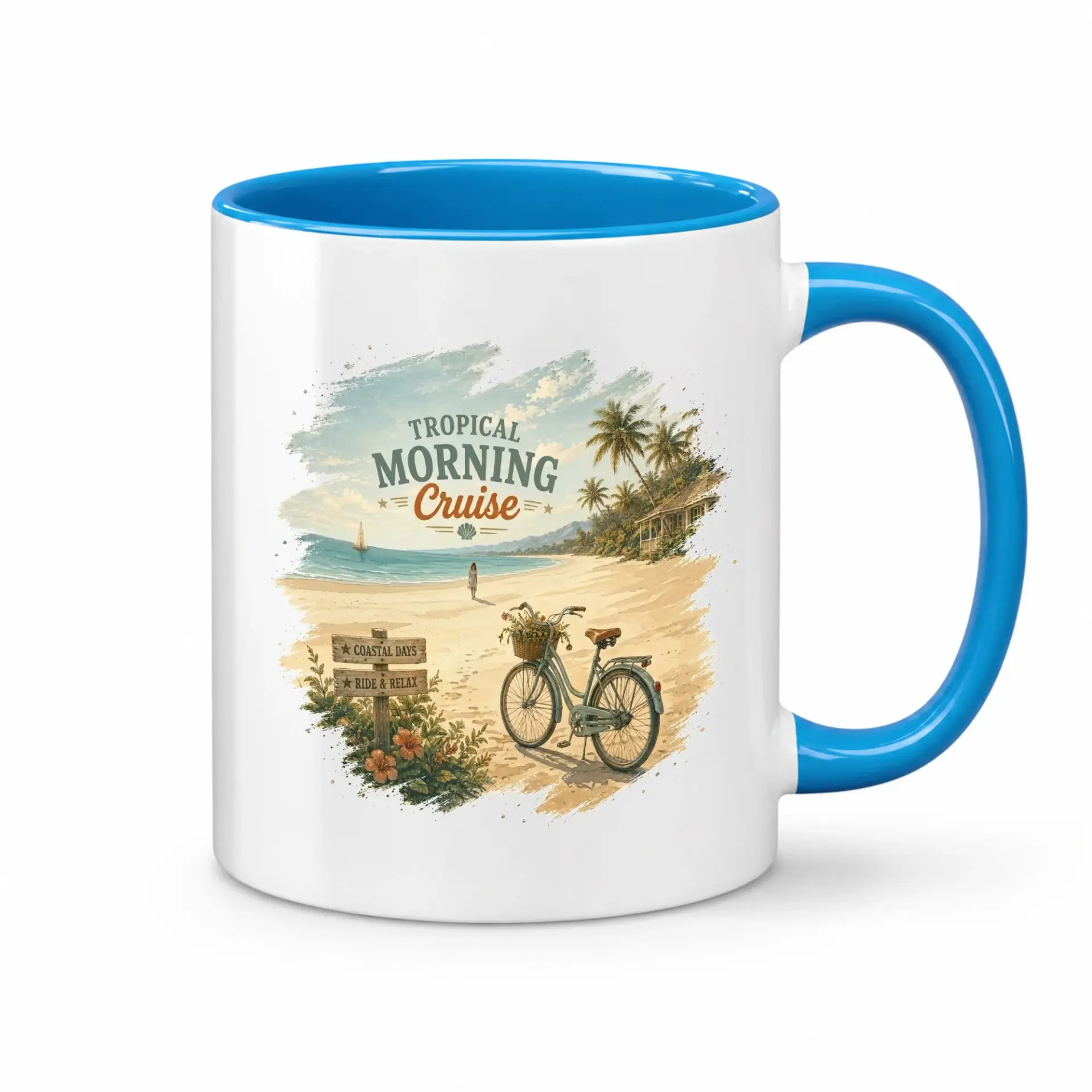 Tropical Morning Cruise Coffee Mug Ceramic Beverage Cup with Vibrant Blue Handle for Beach Lovers and Vacation Vibes