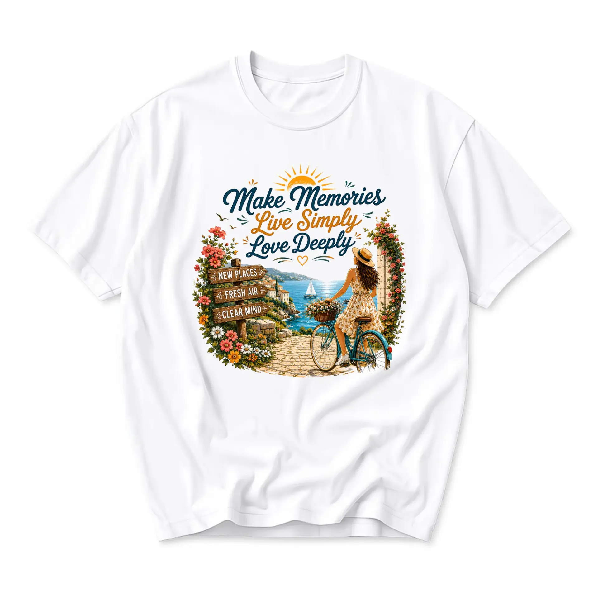 T-shirt Graphic Tee Featuring Woman Riding a Bicycle on Coastal Path Design with Inspirational Quote Summer Vibe Top