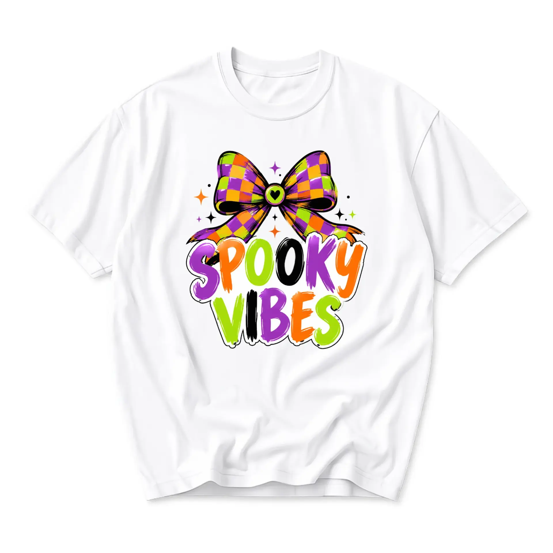 Graphic Tee Spooky Vibes Bow Print Unisex Crew Neck Casual Shirt Comfortable Cotton Blend Top for Everyday Wear