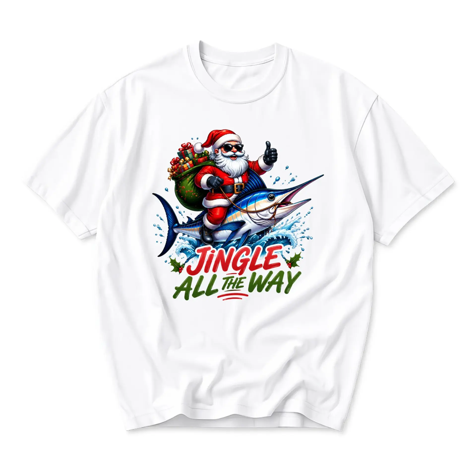 Graphic Tee Jingle All the Way Santa Riding Marlin Fish Holiday Unisex Crew Neck Short Sleeve Casual Shirt