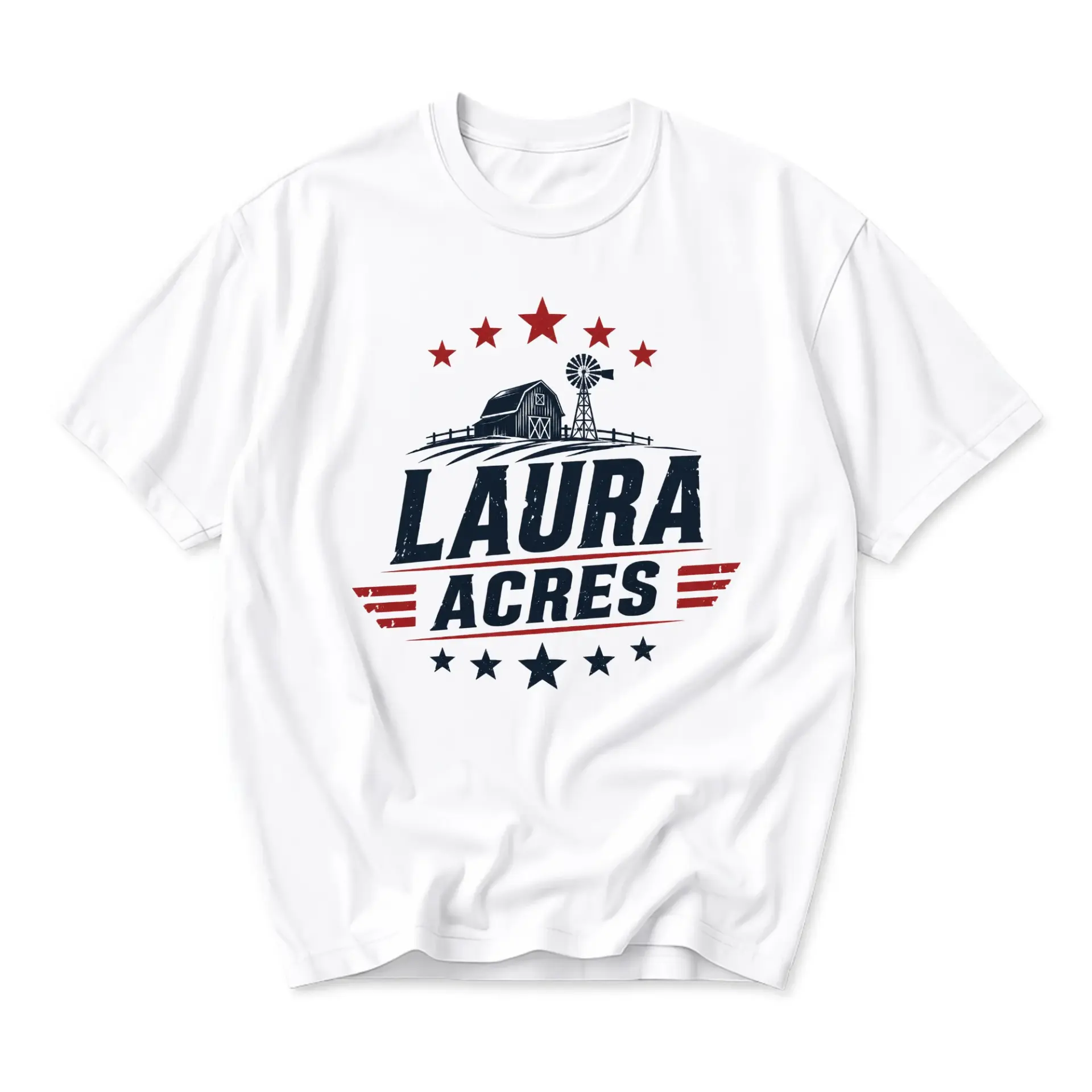 T-shirt Laura Acres Graphic Tee Patriotic Farmhouse Barn Windmill Print Casual Unisex Crew Neck Apparel White