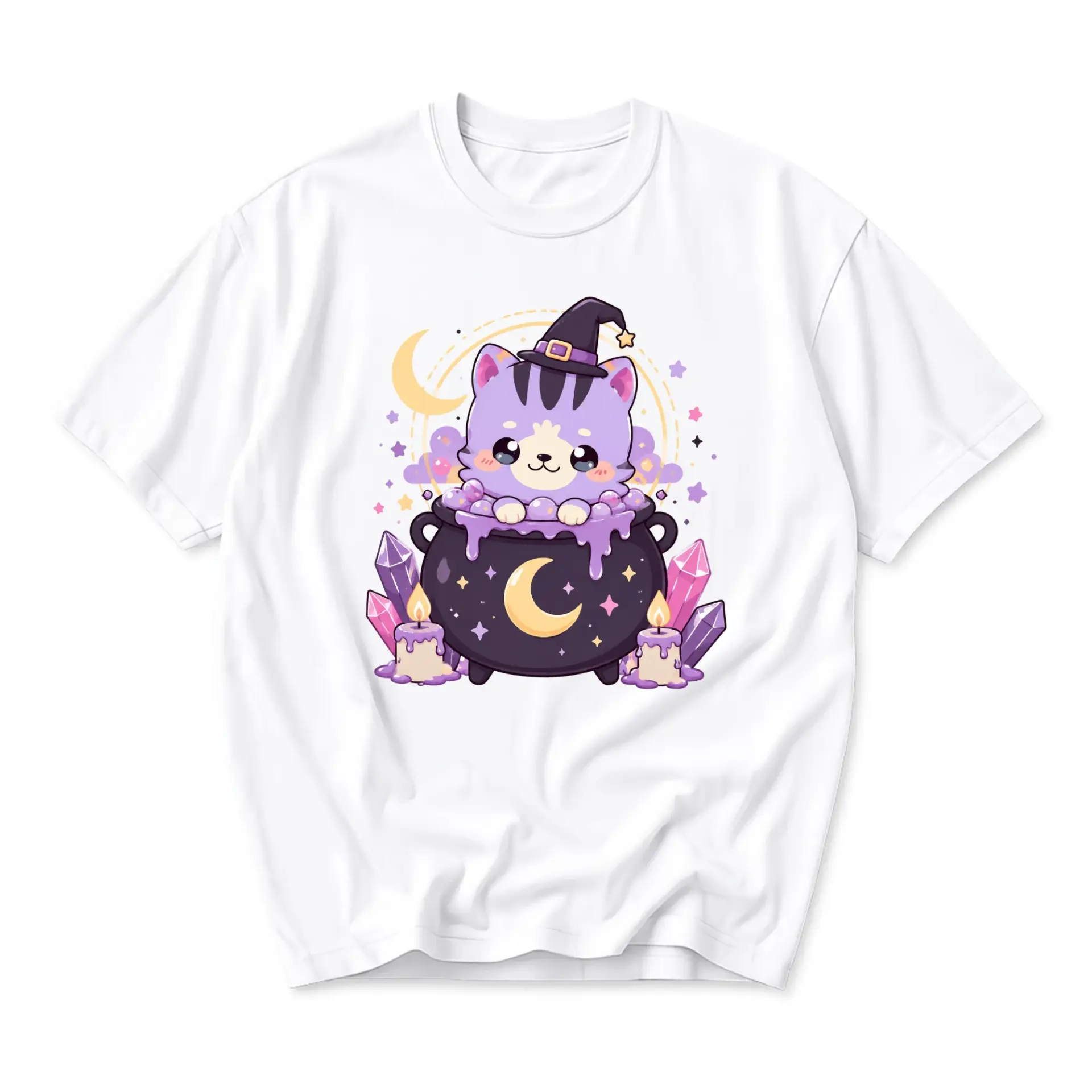 Graphic Tee Unisex Casual Shirt Featuring Cute Purple Cat in Magical Cauldron Illustration Print Cotton Blend