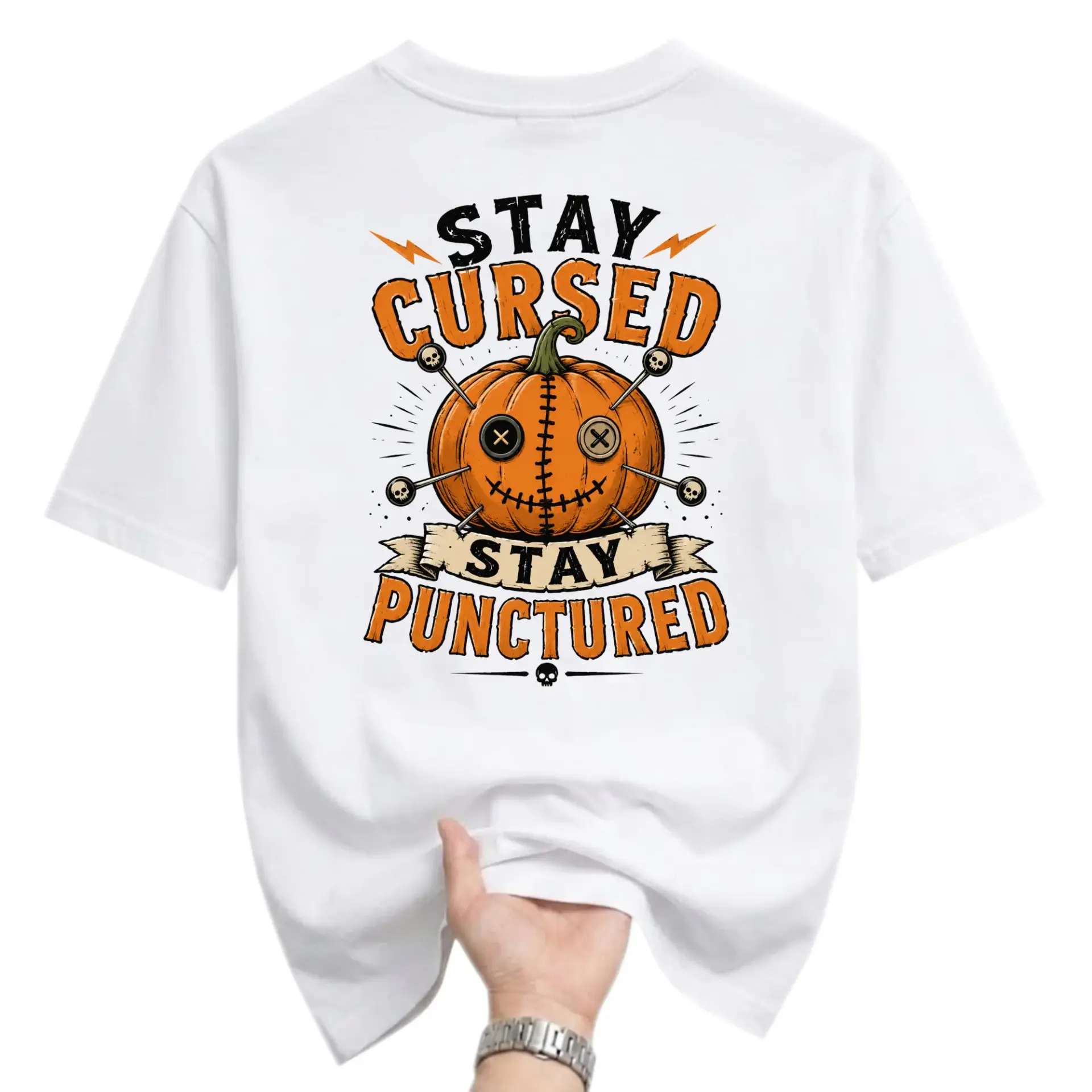 Graphic Tee Stay Cursed Stay Punctured Voodoo Pumpkin Illustration Unisex Casual Crew Neck Soft Cotton Blend T-Shirt