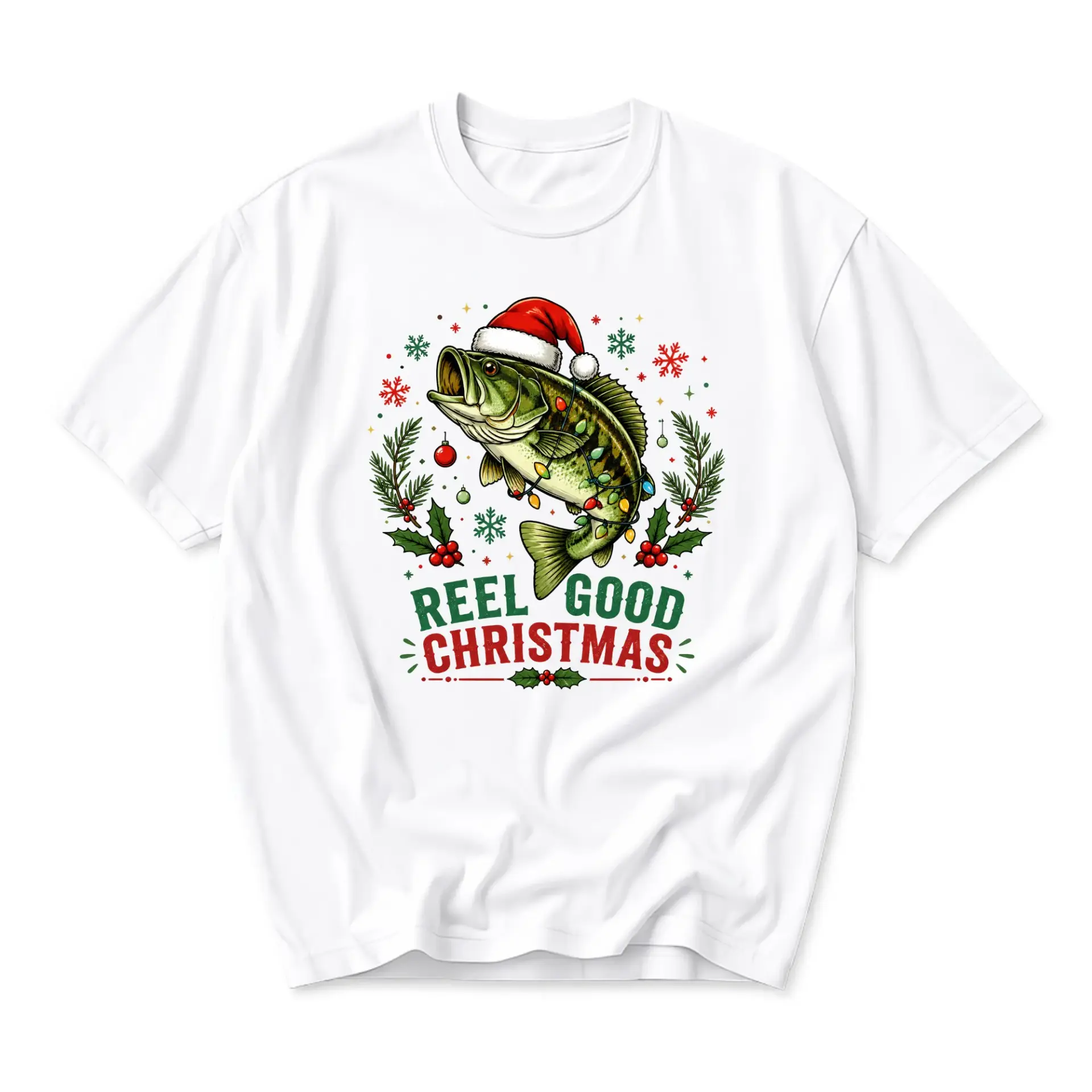 Funny Shirt Reel Good Christmas Fishing Graphic Tee Unisex Short Sleeve Crew Neck Cotton Casual Holiday Apparel