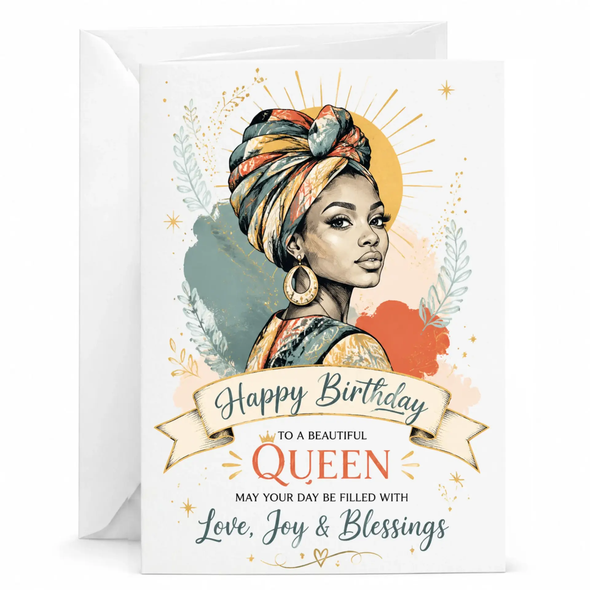 Birthday Card for Her Featuring Elegant Queen Illustration with Vibrant Headwrap Design and Inspirational Greeting