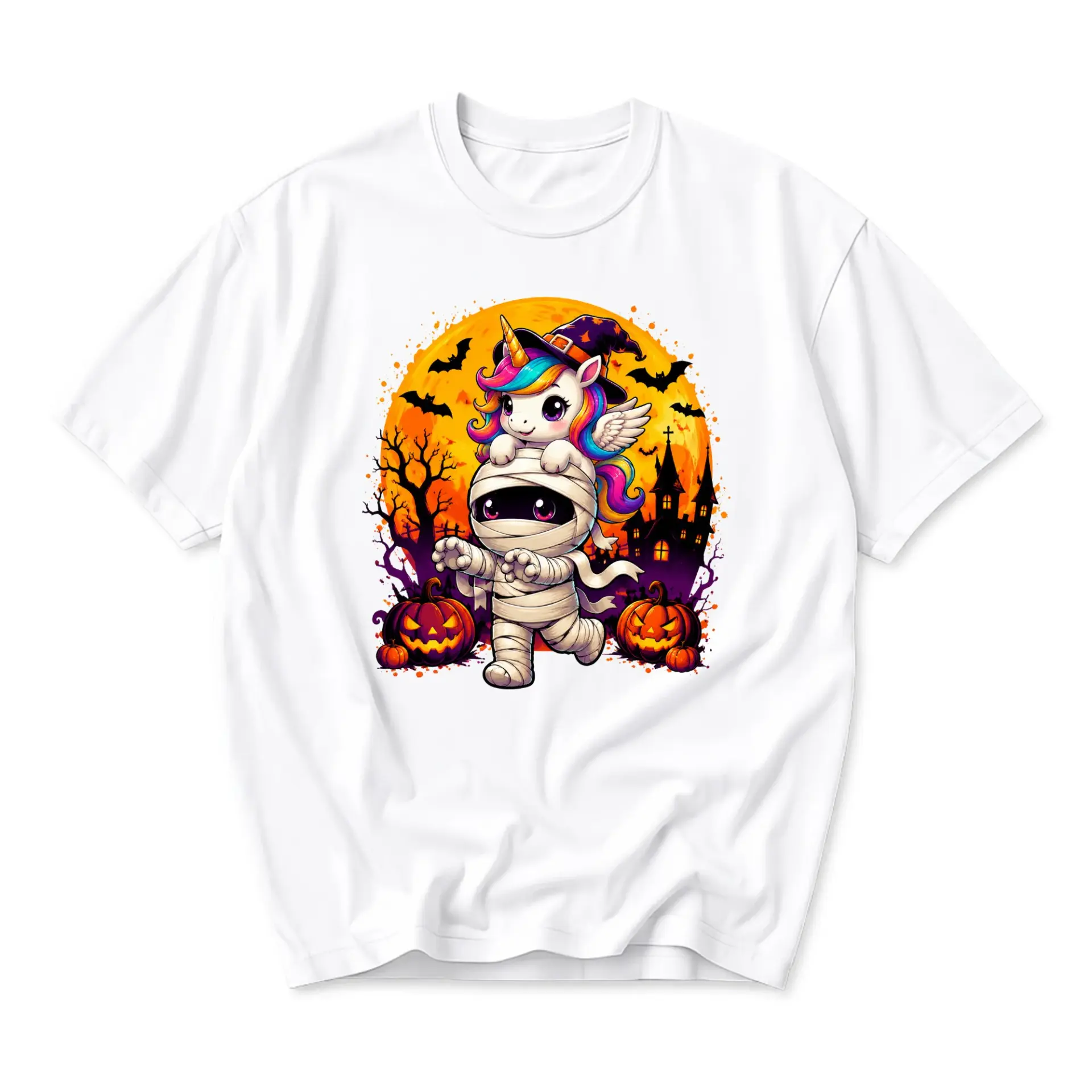 Graphic Tee Halloween Unicorn Mummy Costume Shirt Unisex Casual Crew Neck Soft Cotton Blend Apparel for Holiday