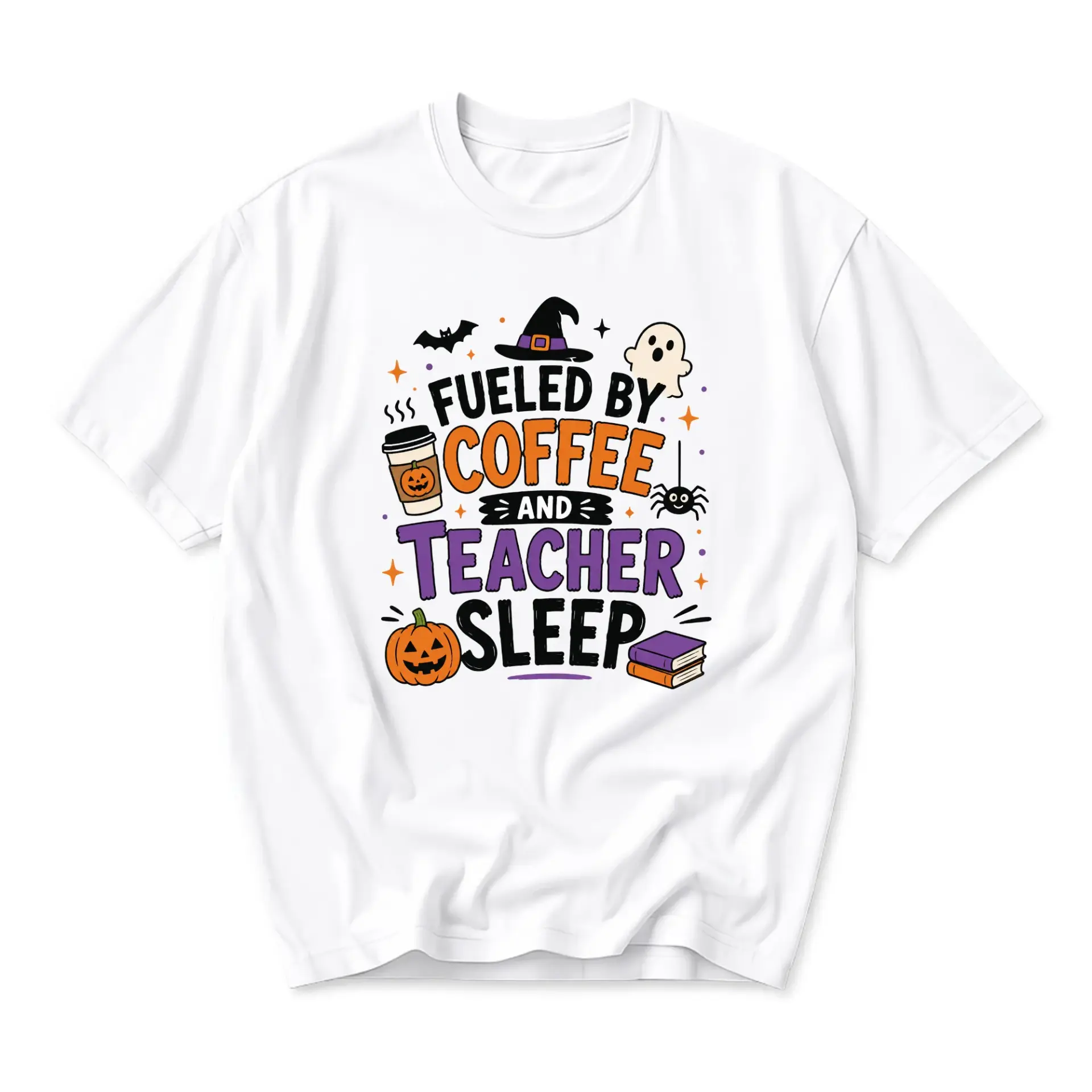 Funny Shirt Fueled by Coffee and Teacher Sleep Halloween Graphic Tee Unisex Crew Neck Casual Everyday Apparel White