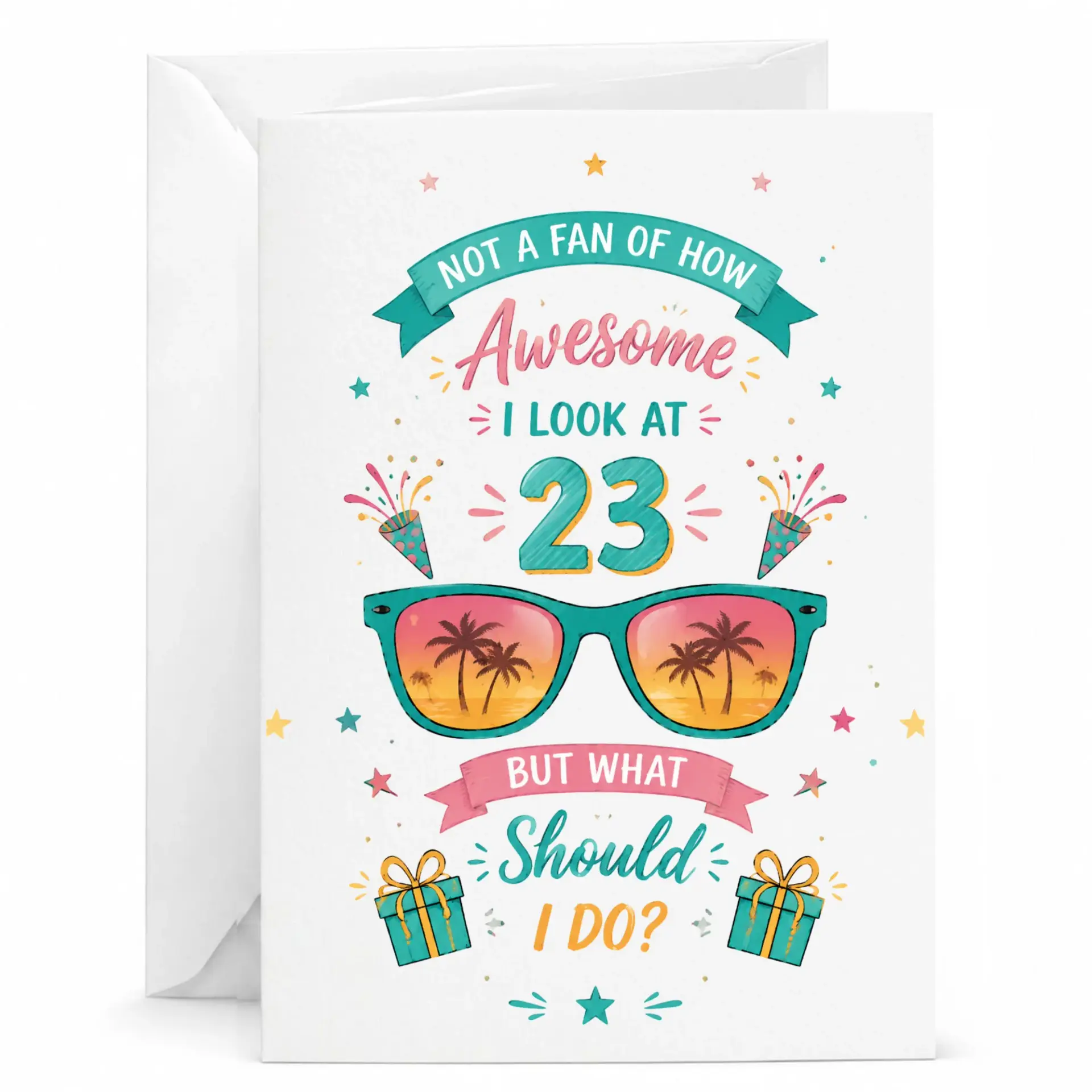 Funny Birthday Card for 23rd Birthday Celebration with Sunglasses and Palm Tree Beach Design Greeting Card