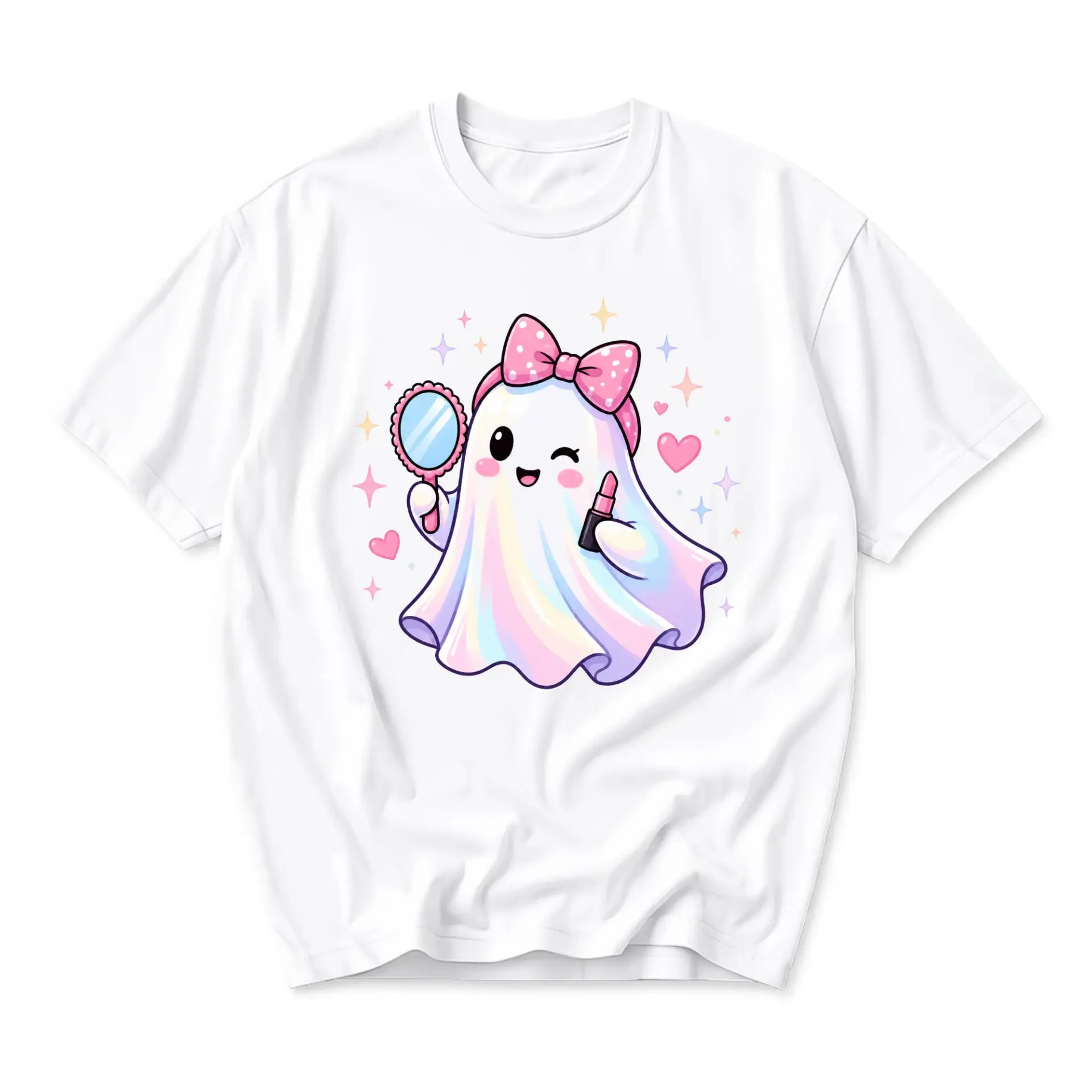 Graphic Tee Cute Ghost Holding Mirror and Lipstick Kawaii Style Casual Unisex Short Sleeve Crew Neck Cotton Shirt