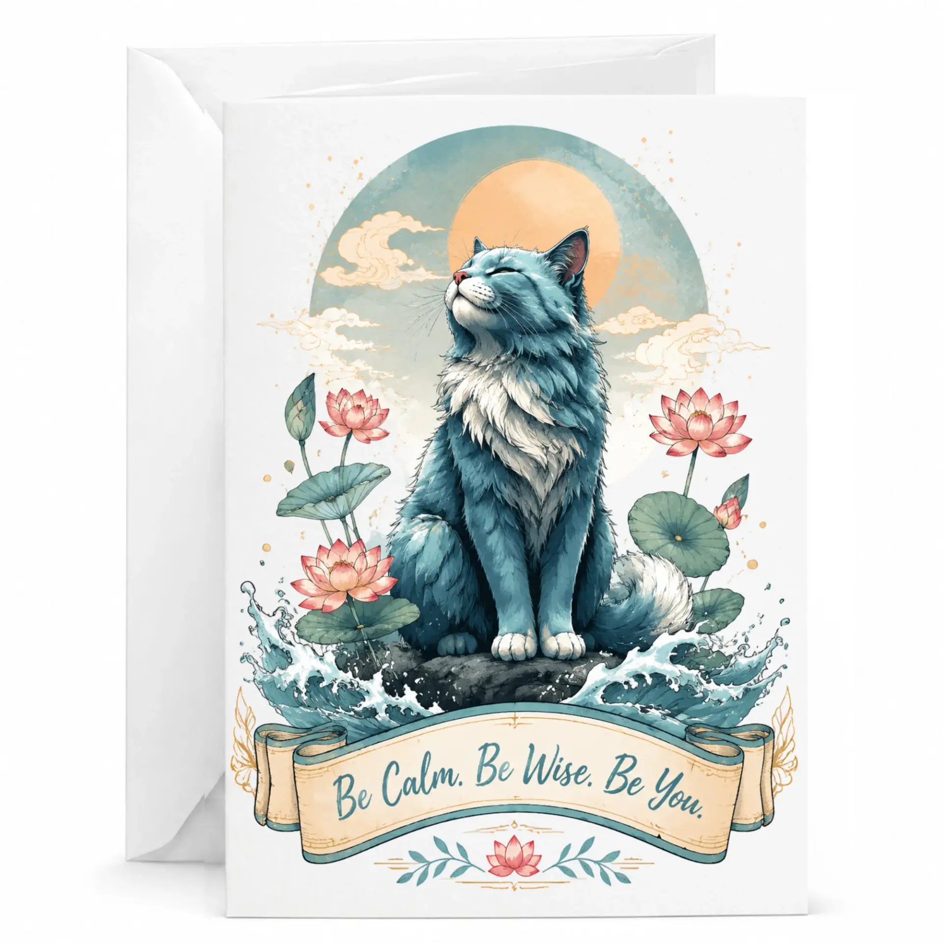Inspirational Cat Greeting Card Zen Lotus Flower Art Encouragement Stationery 5x7 Folded Note for Mindful Greetings