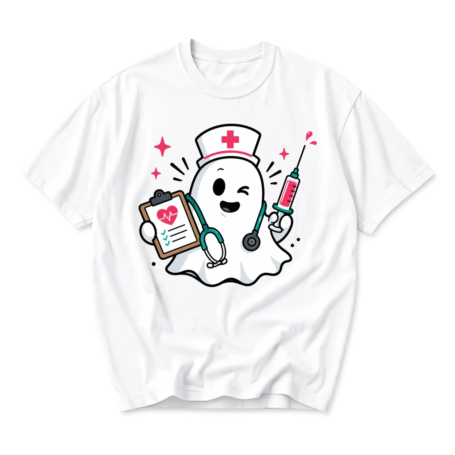 Funny Shirt Featuring a Cute Ghost Nurse Character Graphic Print Unisex Crew Neck Casual Everyday Wear Cotton Tee