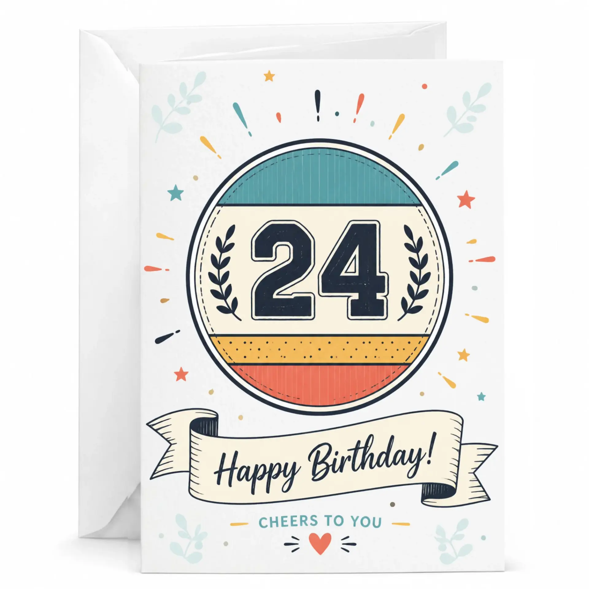 Birthday Card 24th Milestone Celebration Featuring Vintage Style Emblem Design with Ribbon and Festive Accents