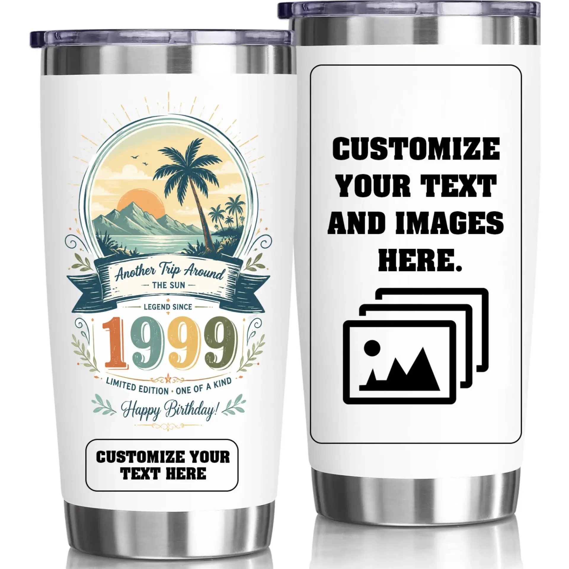 Stainless Steel Tumbler 20oz Personalized Birthday Travel Cup for 1999 Vintage Theme Insulated Hot and Cold Drink Mug