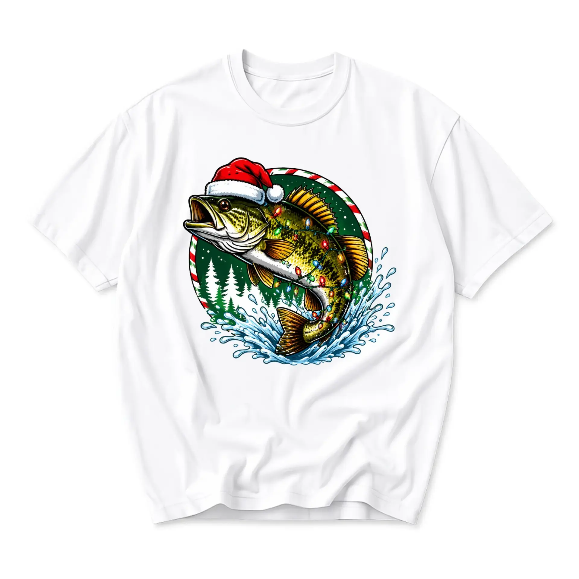 Graphic Tee Unisex Christmas Fishing T-Shirt Holiday Seasonal Apparel Short Sleeve Crew Neck Shirt White