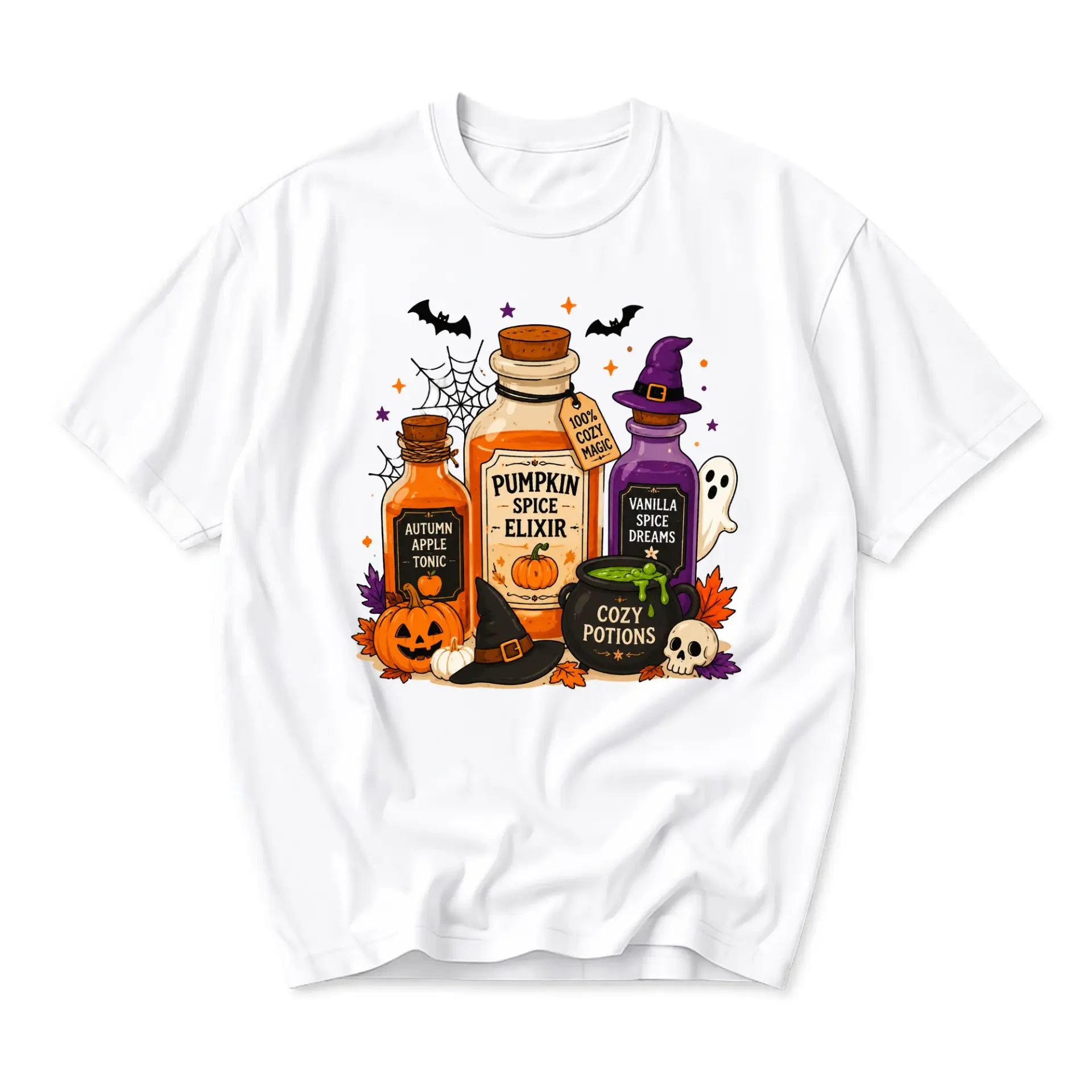 Graphic Tee Unisex Crew Neck T-Shirt Featuring Spooky Autumn Potion Bottle Illustrations for Seasonal Casual Wear