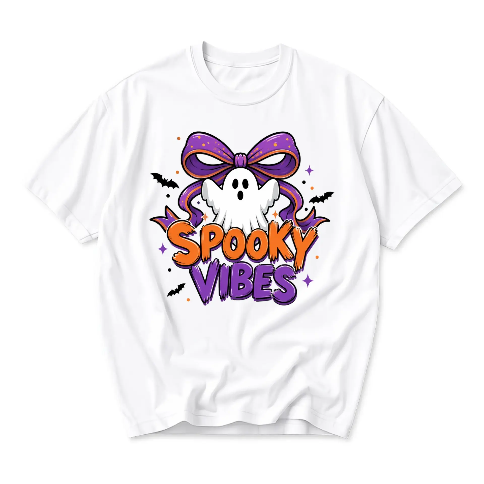 Funny Shirt Spooky Vibes Ghost with Purple Bow Graphic Tee Seasonal Autumn Apparel Casual Unisex Crew Neck Top