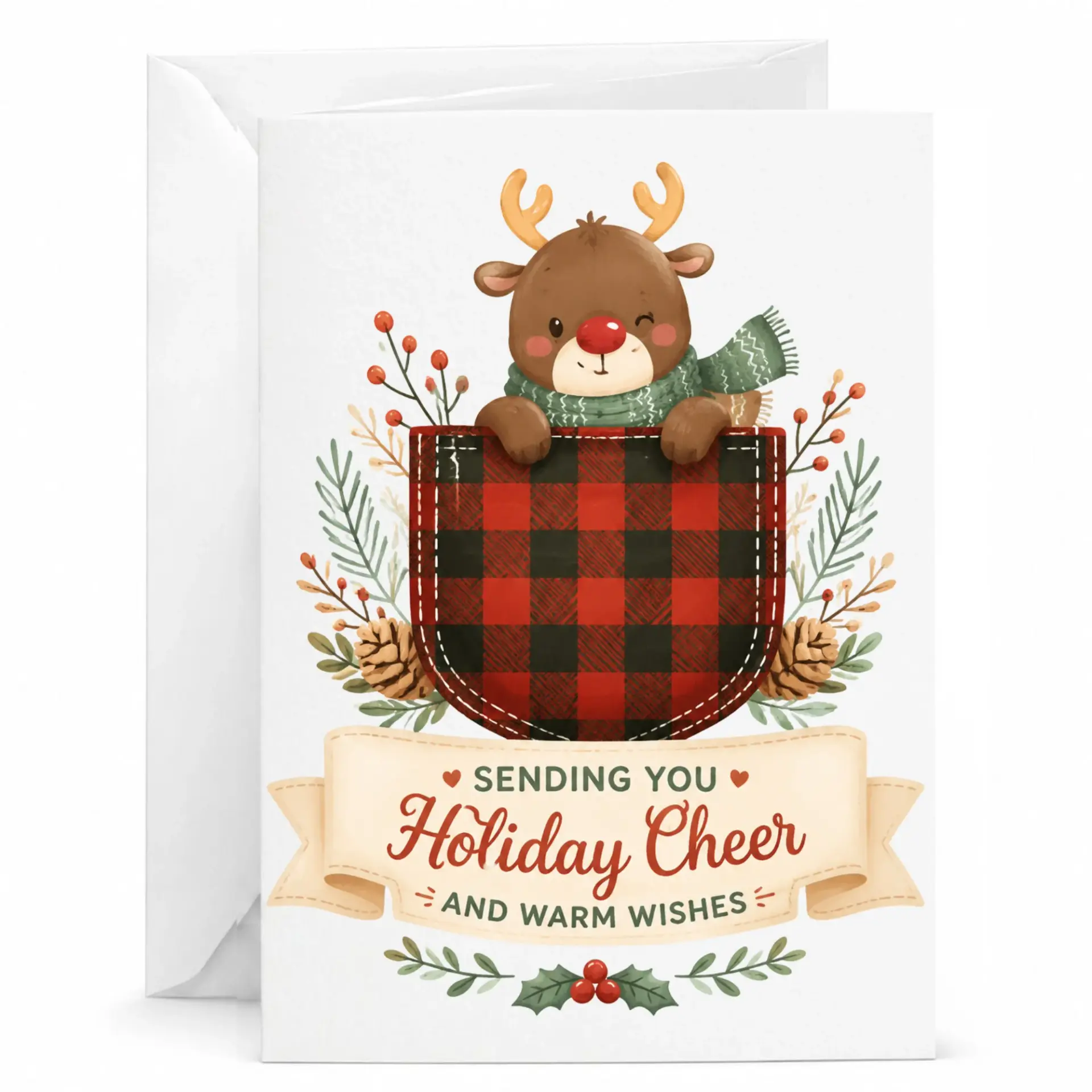 Holiday Greeting Card Featuring Cute Reindeer in Plaid Pocket with Festive Wreath Illustration and Seasonal Message