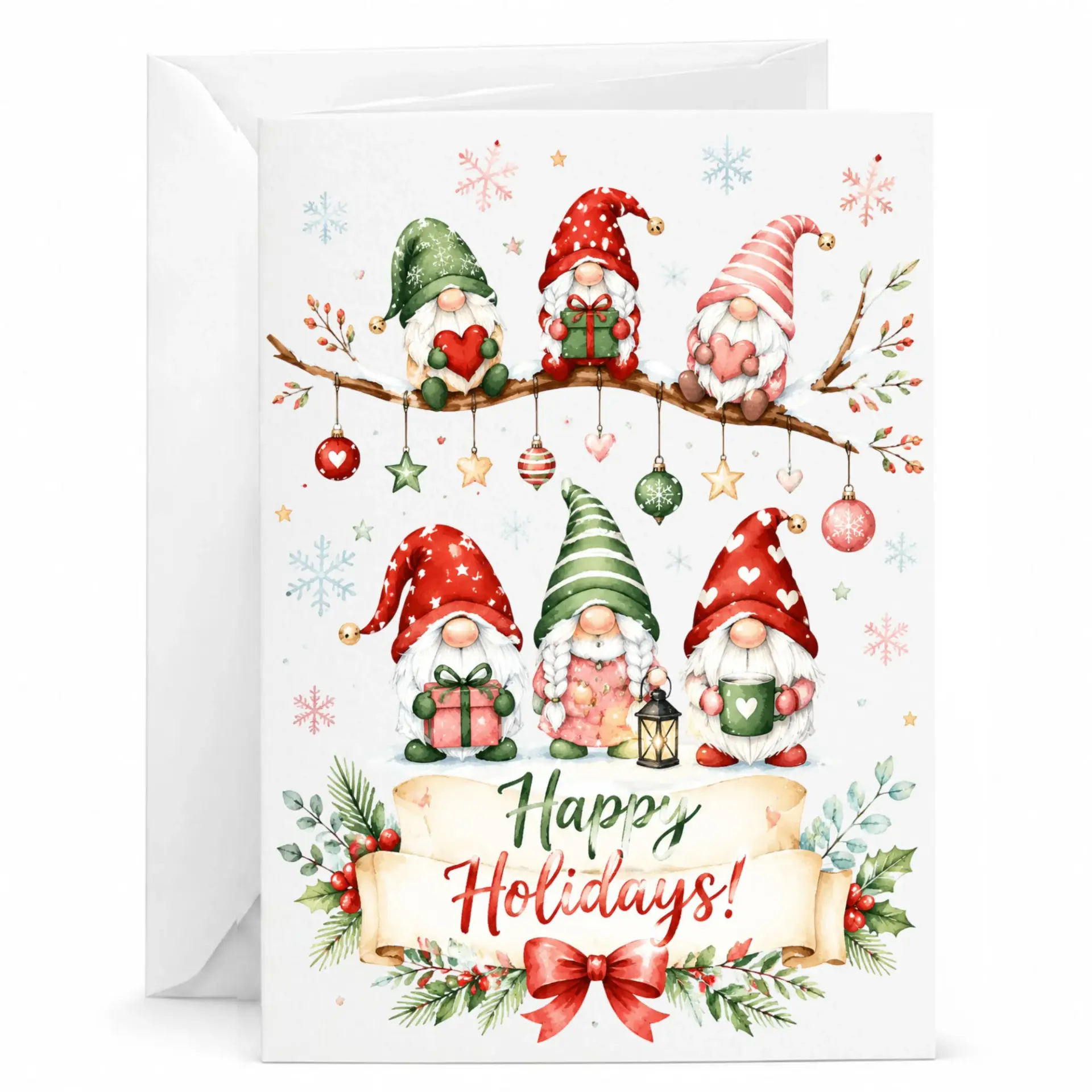 Greeting Card Happy Holidays Gnomes Illustration Festive Seasonal Decorative 5x7 Folded Note for Winter Celebrations