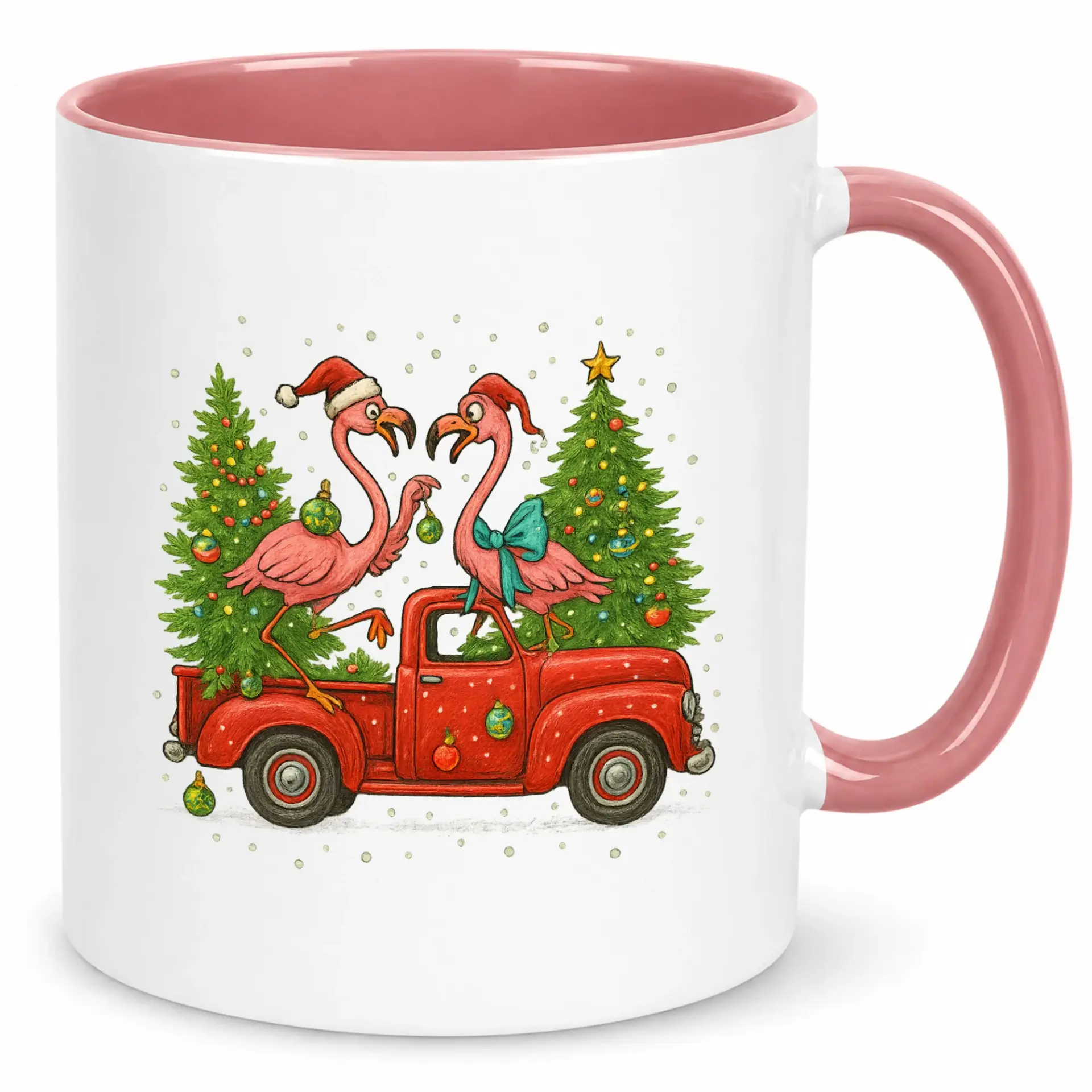 Christmas Flamingo Ceramic Coffee Mug with Festive Red Truck and Holiday Tree Design, 11oz or 15oz White Drinkware for Hot Beverages