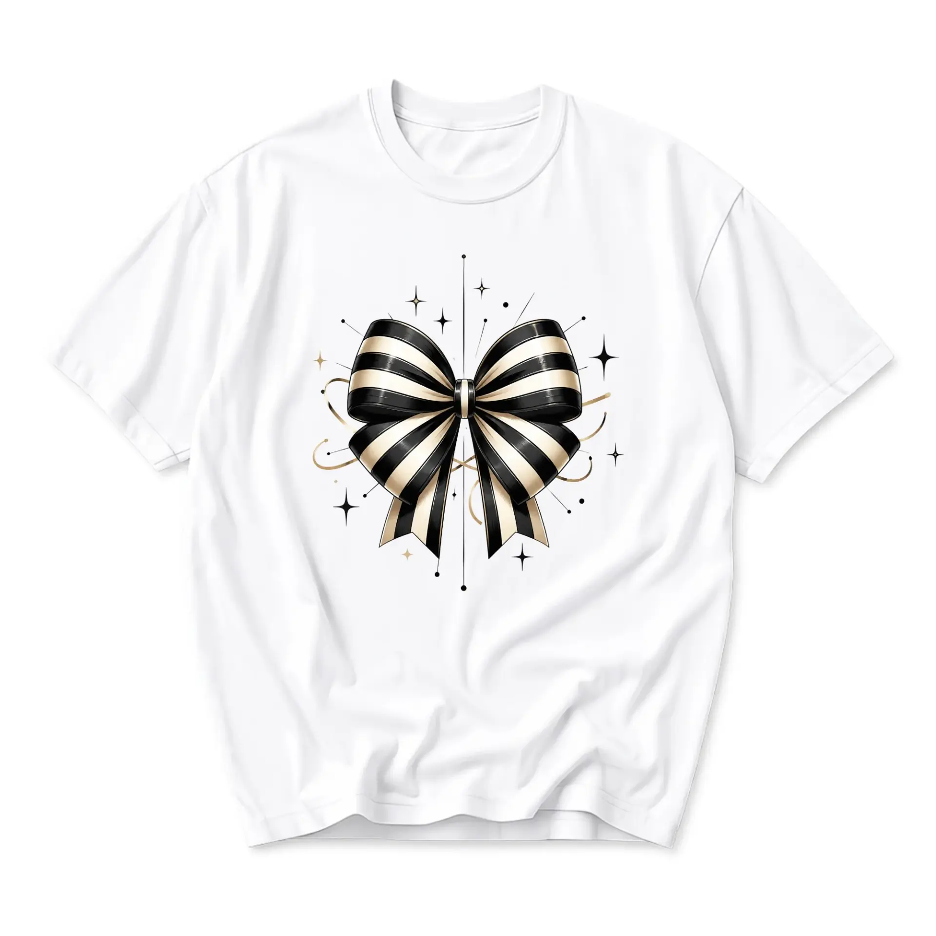 Graphic Tee Unisex Black and Gold Striped Ribbon Bow Print Shirt Casual Crew Neck Everyday Apparel Comfortable Cotton