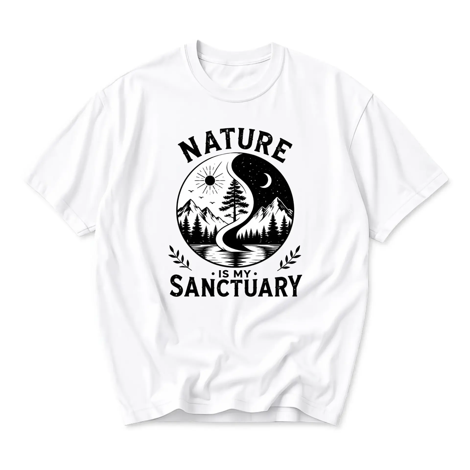 Graphic Tee Nature Is My Sanctuary Yin Yang Mountain Forest Design Unisex Short Sleeve Crew Neck Cotton Casual Shirt