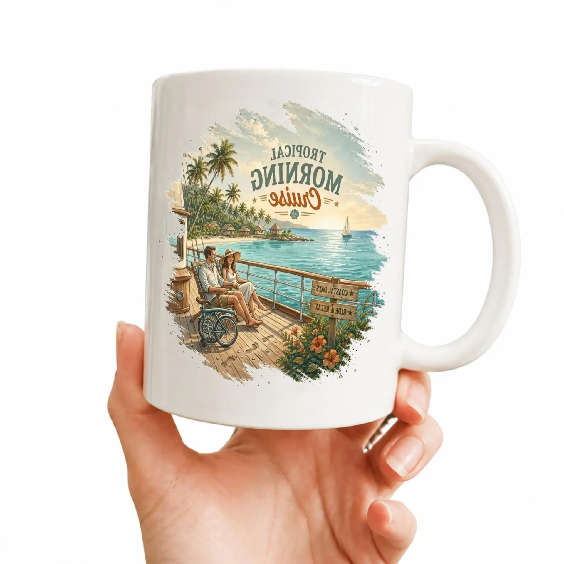 Tropical Morning Cruise Coffee Mug Featuring Scenery Artwork with a Couple Enjoying Ocean Views and Travel Vibes