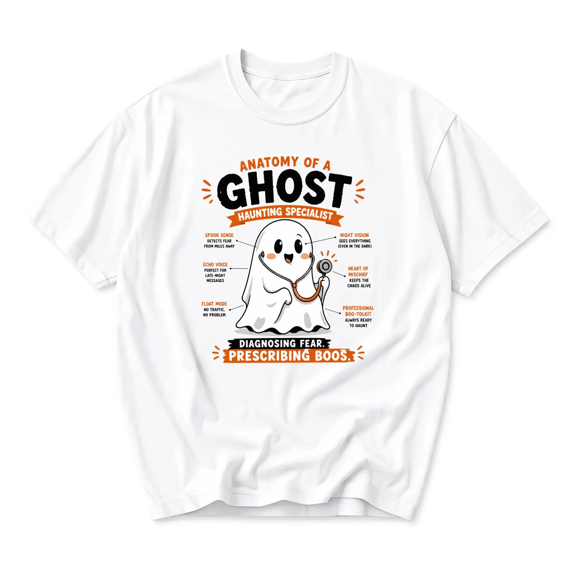 Funny Shirt Anatomy of a Ghost Haunting Specialist Graphic Tee Casual Unisex Crew Neck Seasonal Apparel White