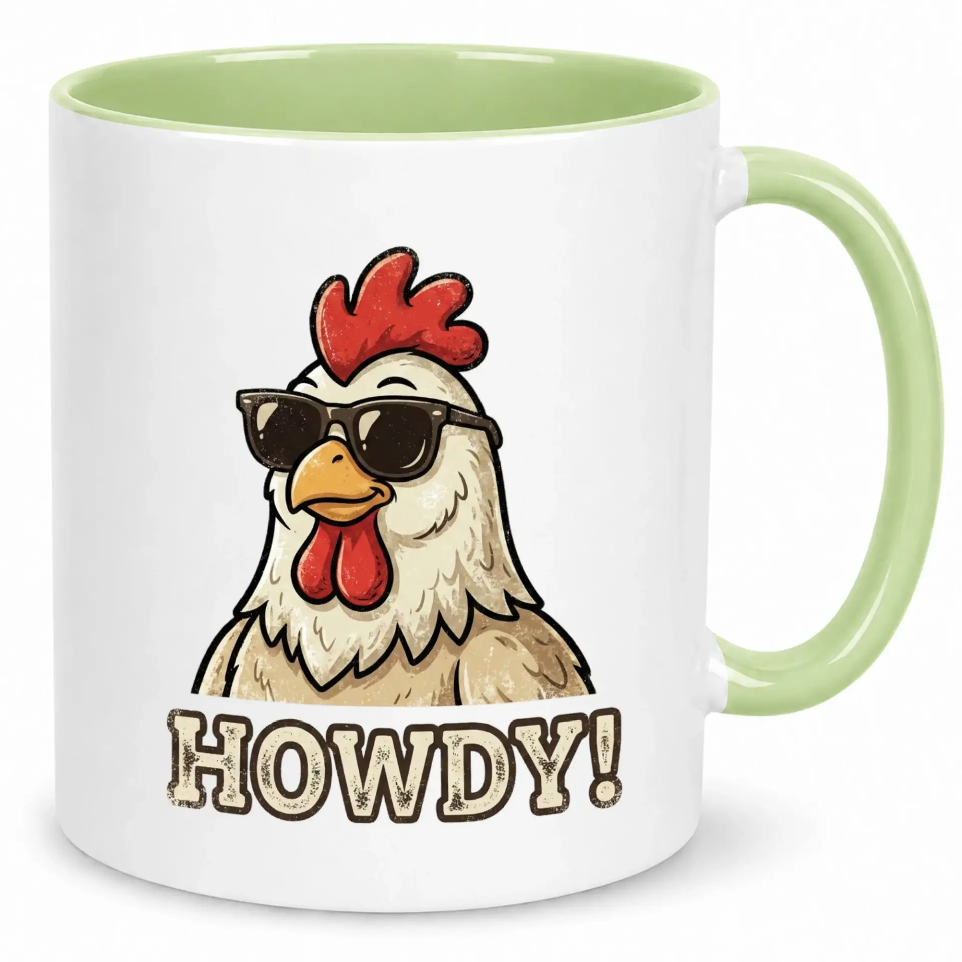 Funny Ceramic Coffee Mug with Howdy Chicken Design Playful Farm Animal Novelty Drinkware White Green Interior and Handle
