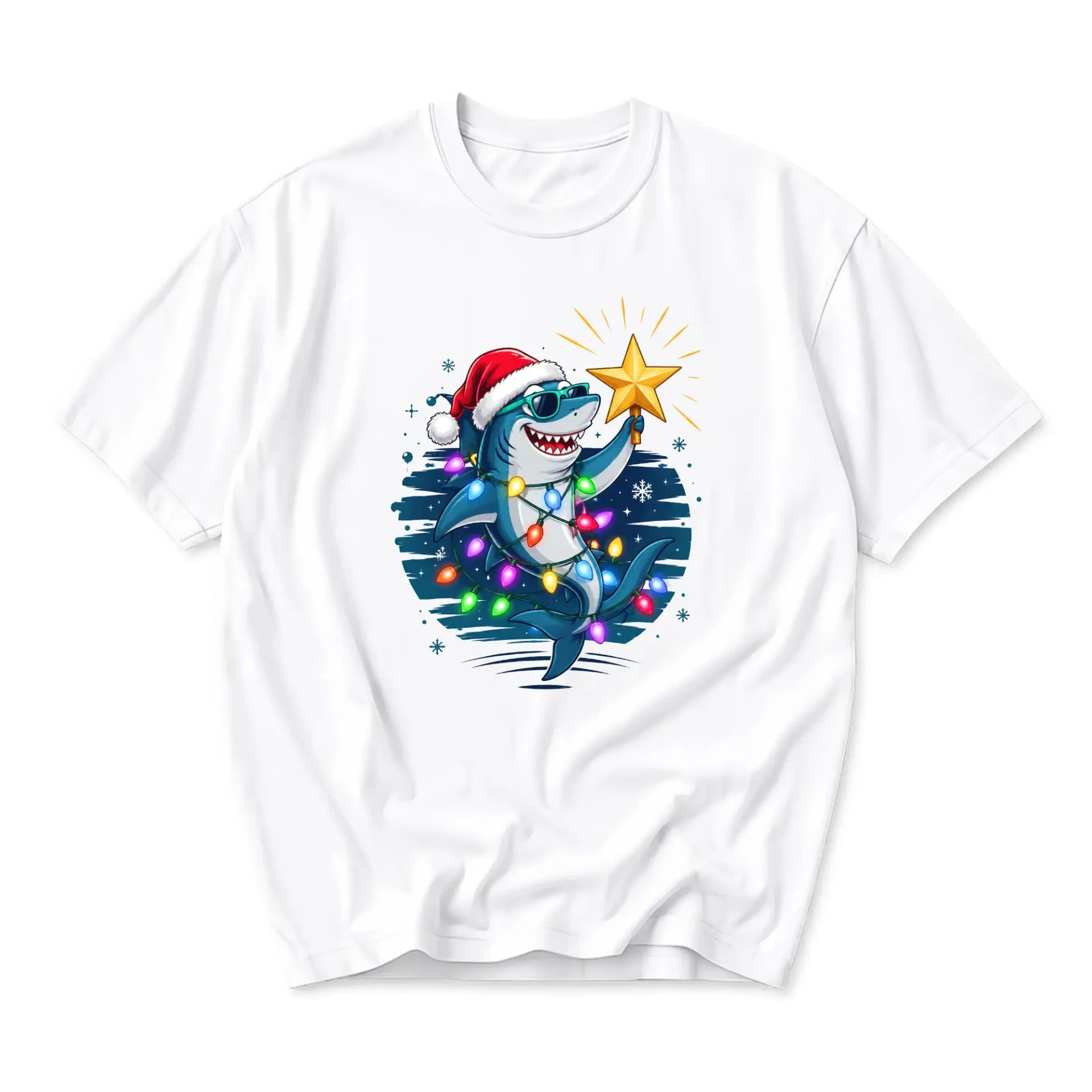 Graphic Tee Unisex Crew Neck Shark Wearing Santa Hat and Christmas Lights