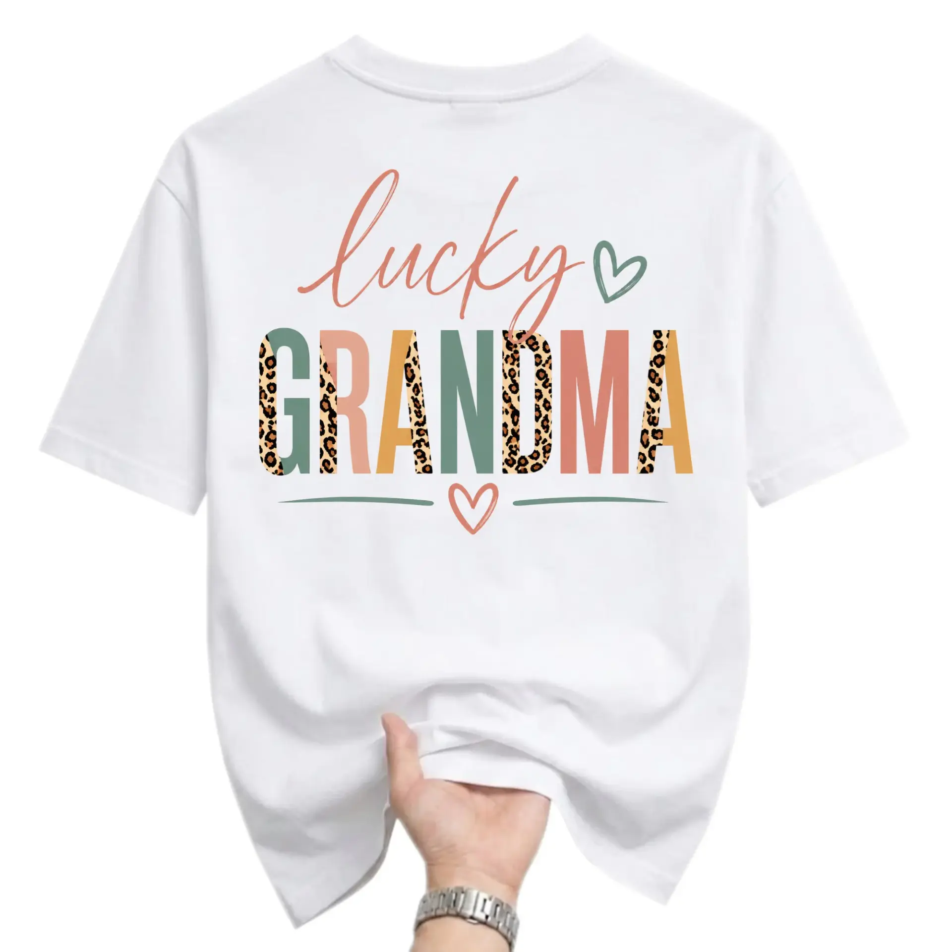 Graphic Tee Lucky Grandma Leopard Print Heart Design Unisex Casual Short Sleeve Crew Neck Cotton Blend Shirt