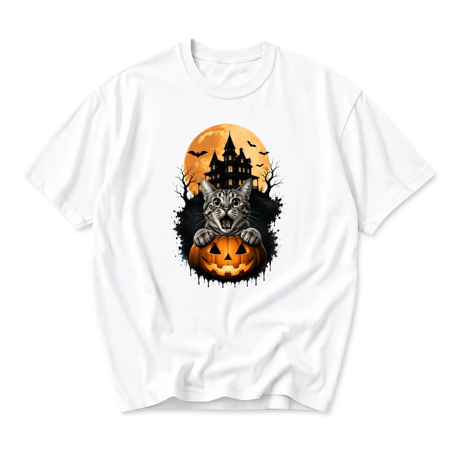 Graphic Tee Unisex Crew Neck Halloween Cat with Pumpkin Design Spooky Seasonal Autumn Theme Comfortable Cotton Shirt