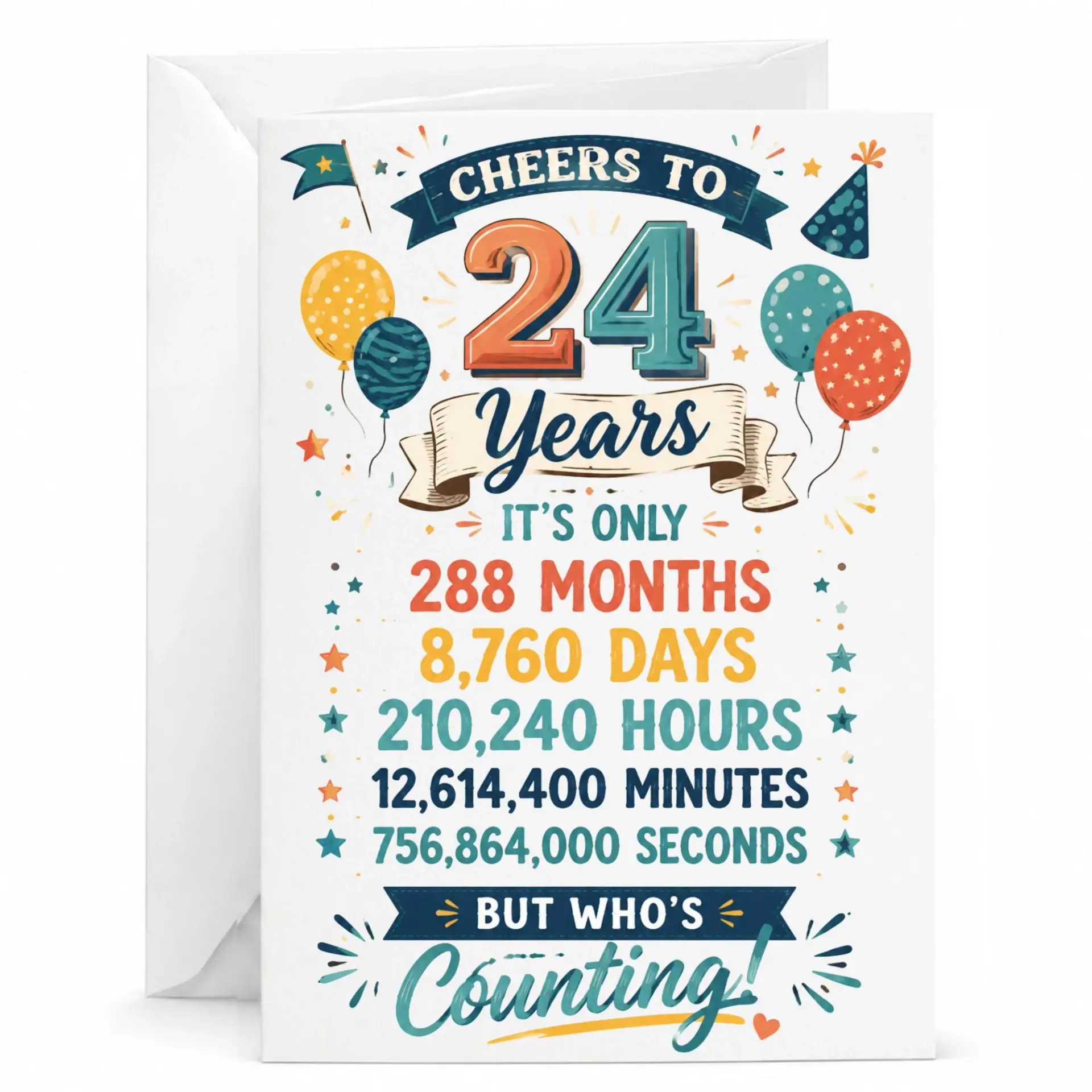 Birthday Card 24 Years Old Funny Milestone Greeting Card with Envelope, Humorous 24th Birthday Gift for Anyone