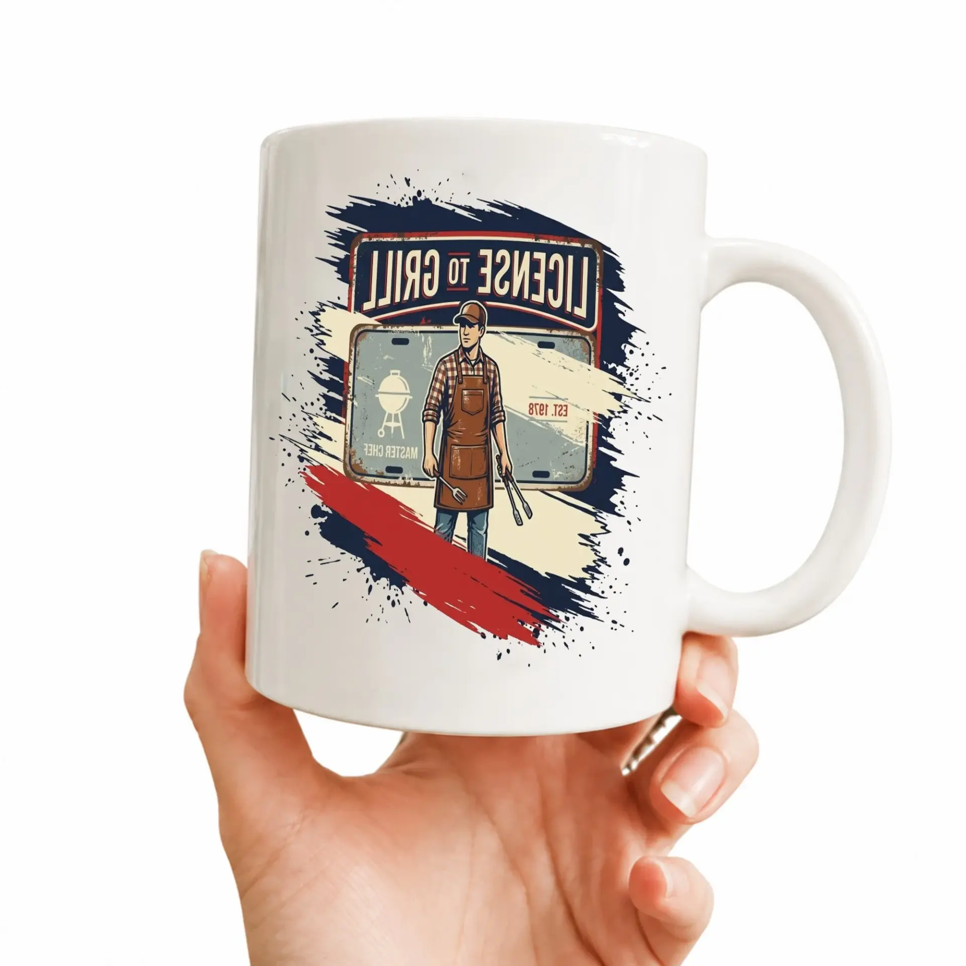Funny Barbecue Themed Coffee Mug Ceramic Drinkware Gift for Outdoor Grilling Enthusiast with License to Grill Design