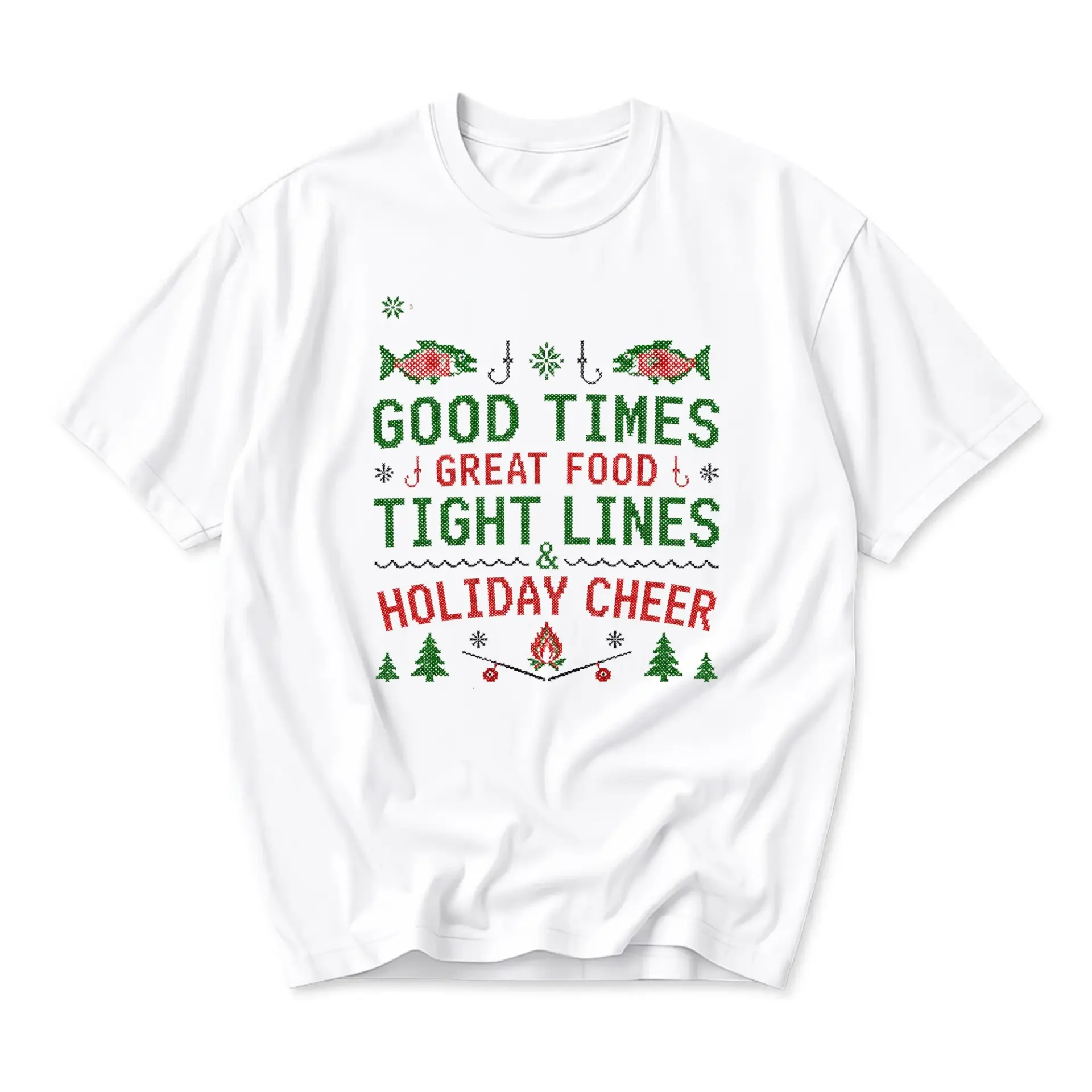 Funny Shirt Fishing Holiday Cheer Graphic Tee Unisex Crew Neck Casual Everyday Wear Soft Cotton Blend White T-Shirt