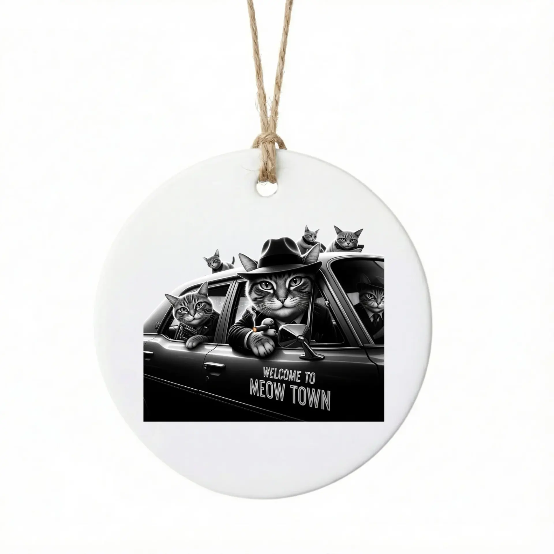 Christmas Ornament Ceramic Round Holiday Decoration Featuring Cats in a Vintage Car Meow Town Design Keepsake Gift
