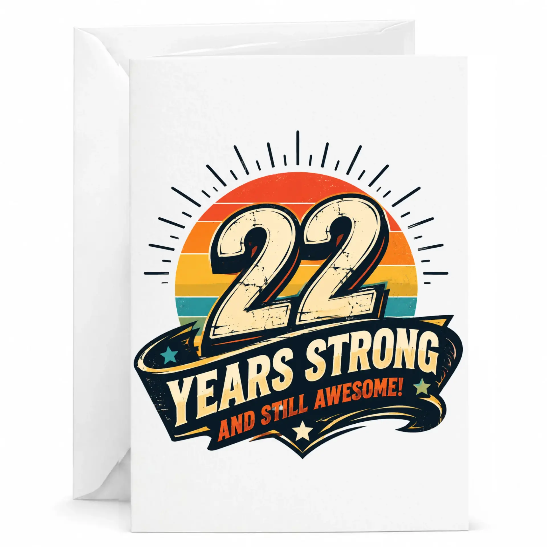 Greeting Card for 22nd Anniversary or Birthday, 22 Years Strong and Still Awesome Retro Vintage Sunset Design