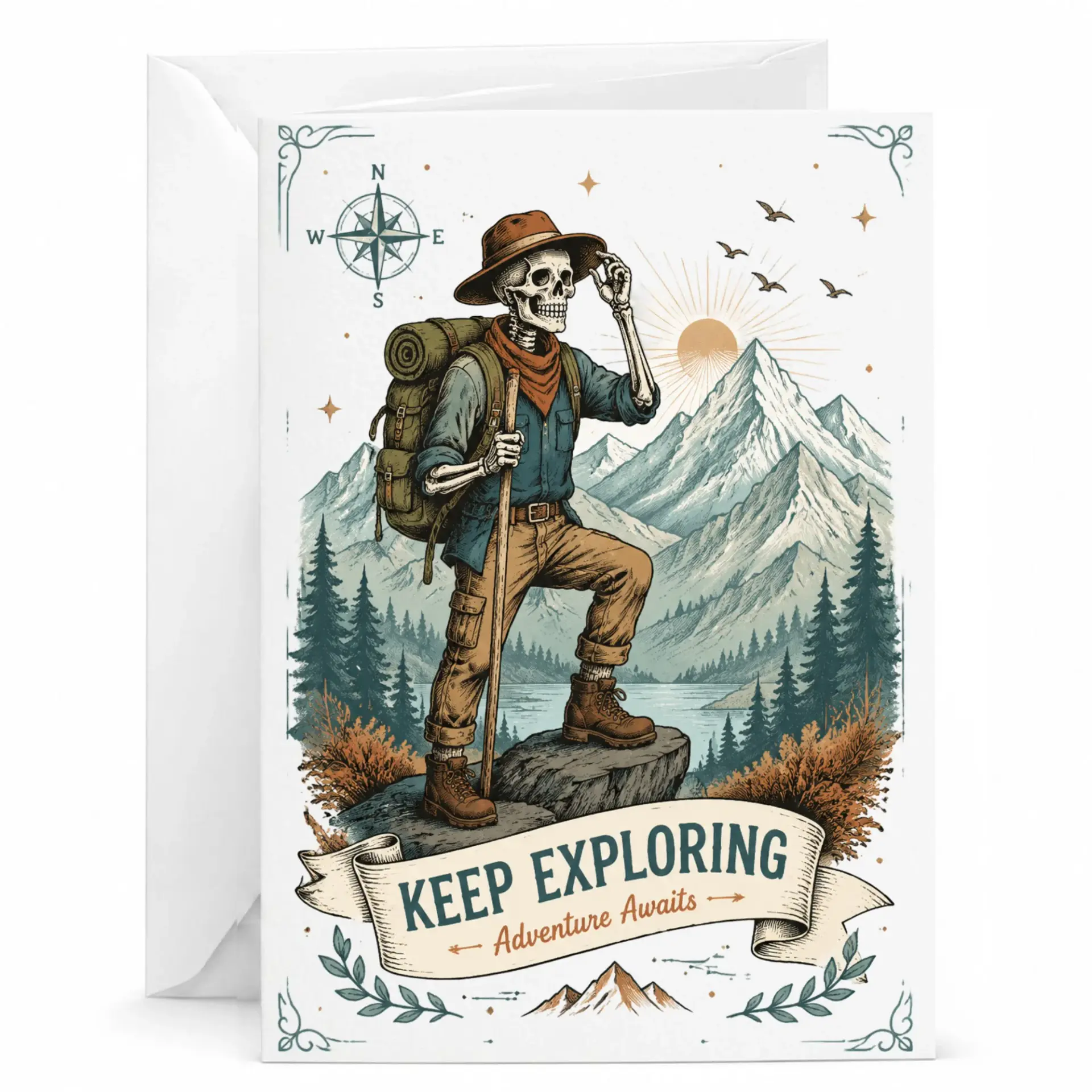 Greeting Card Keep Exploring Featuring Skeleton Hiker with and Mountain Landscape