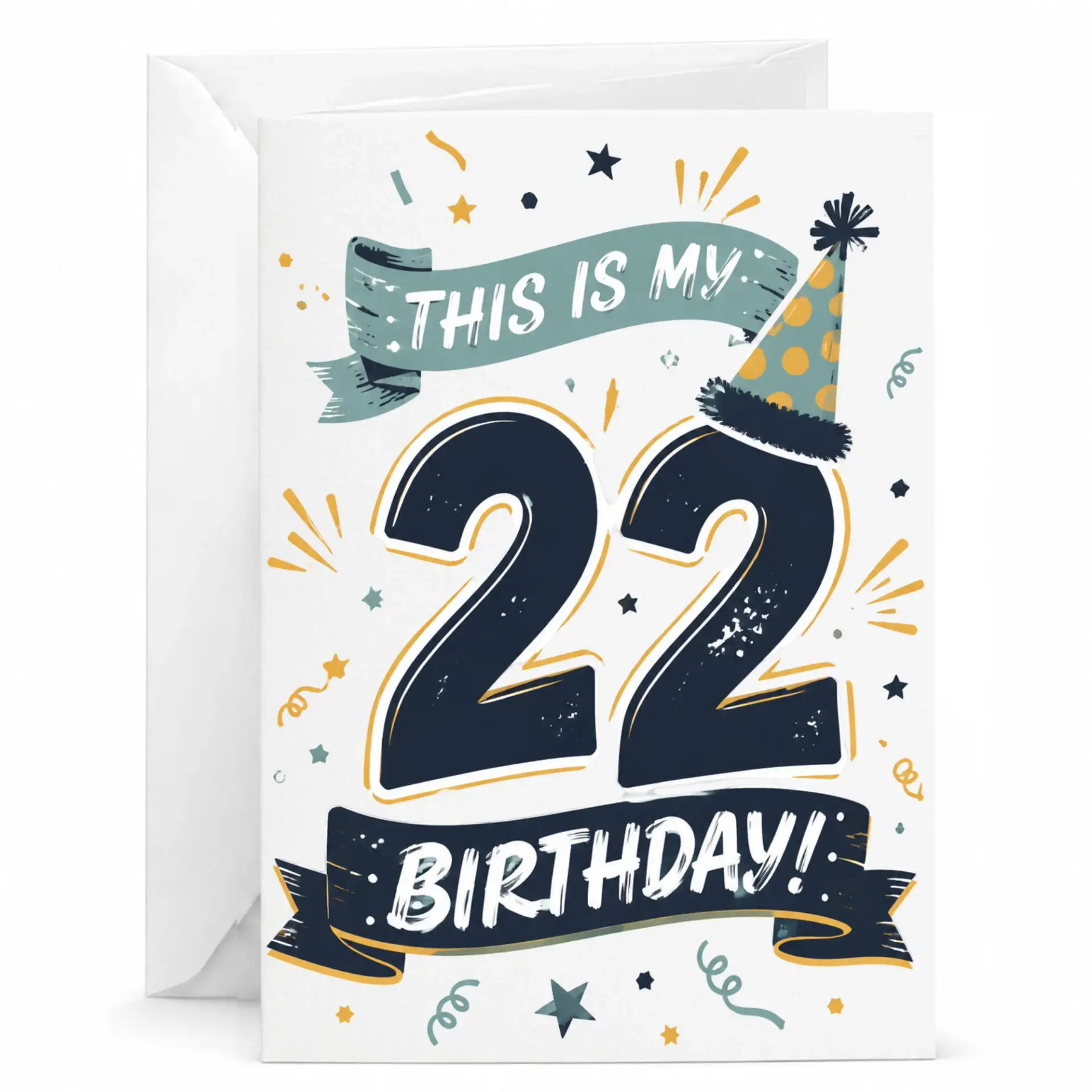 Birthday Card for 22nd Birthday Celebration Featuring Party Hat and Festive Ribbon Design with Navy and Teal Accents