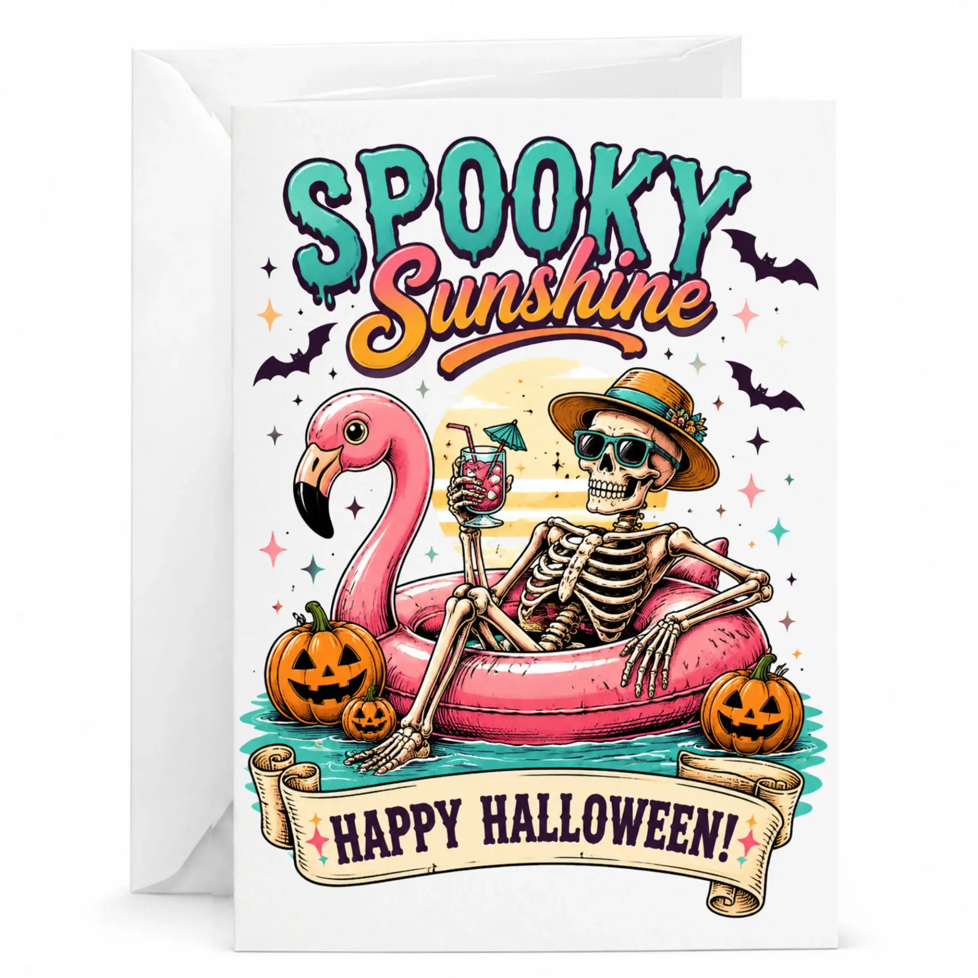 Funny Spooky Sunshine Halloween Greeting Card with Flamingo Skeleton Art Unique Seasonal Holiday Note for Friends and Family