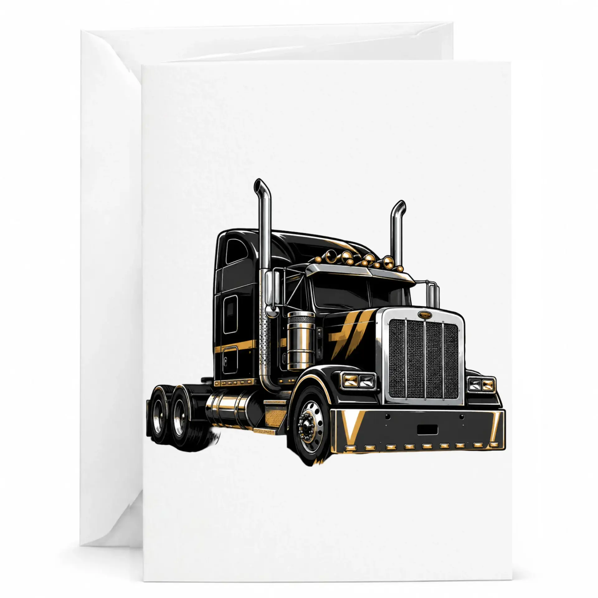 Greeting Card Featuring a Sleek Black and Gold Semi Truck Illustration for Professional Drivers and Heavy Vehicle Enthusiasts