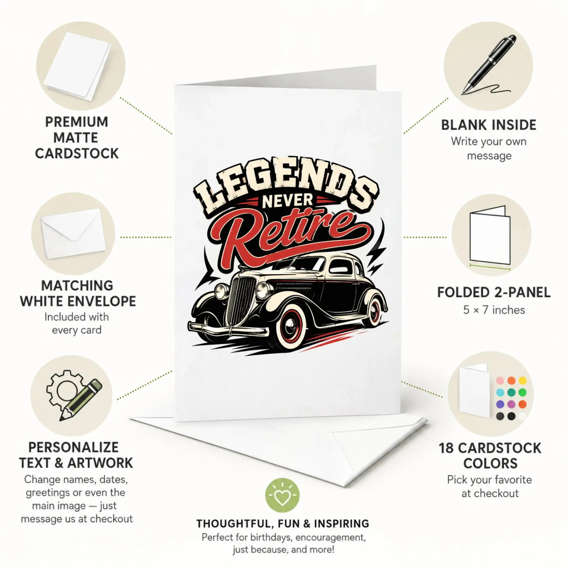 Greeting Card Legends Never Retire Vintage Car Illustration for Retirement Congratulations and Milestone Celebrations