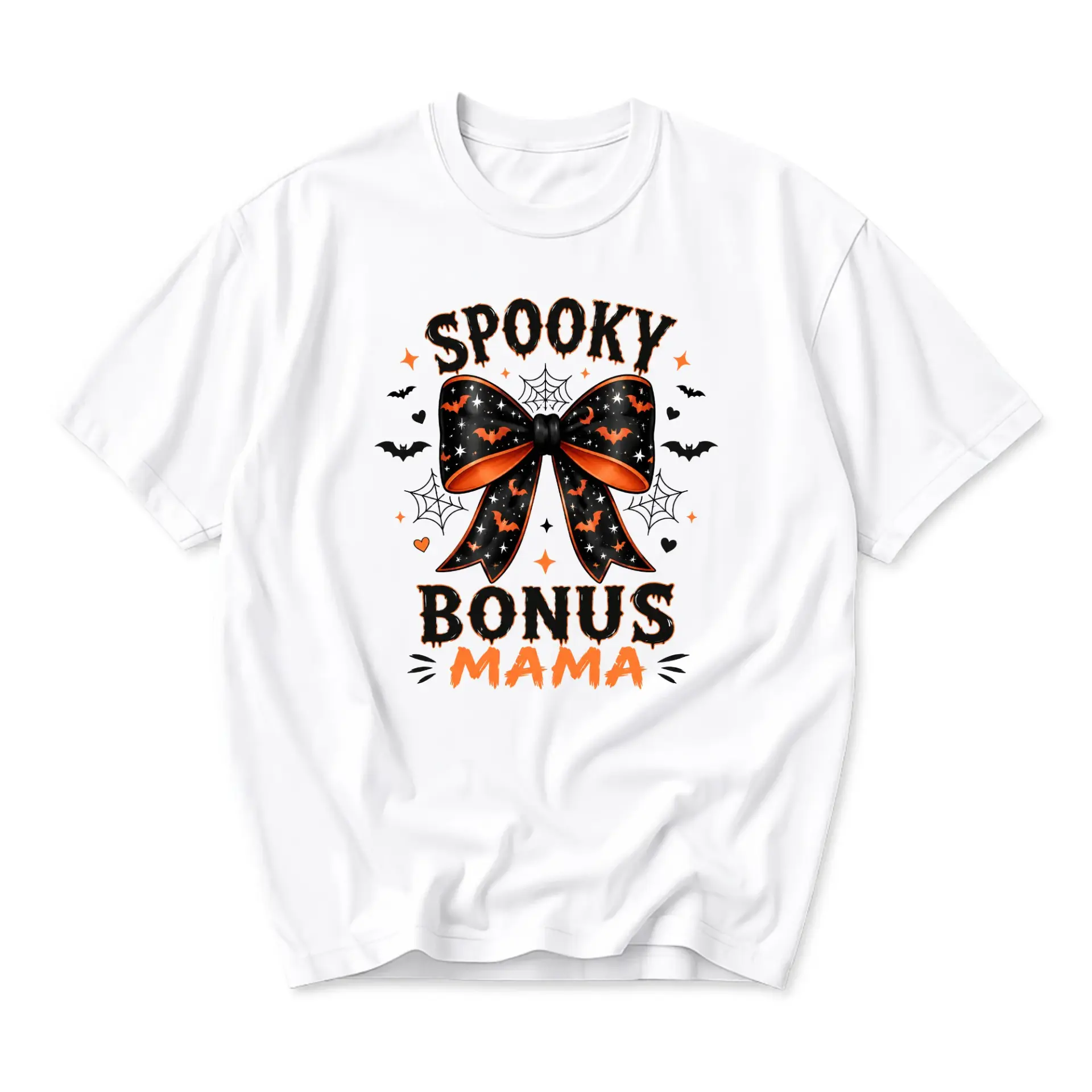 Funny Shirt Spooky Bonus Mama Graphic Tee Casual Unisex Crew Neck Top for Fall Season Holidays Soft Cotton Apparel