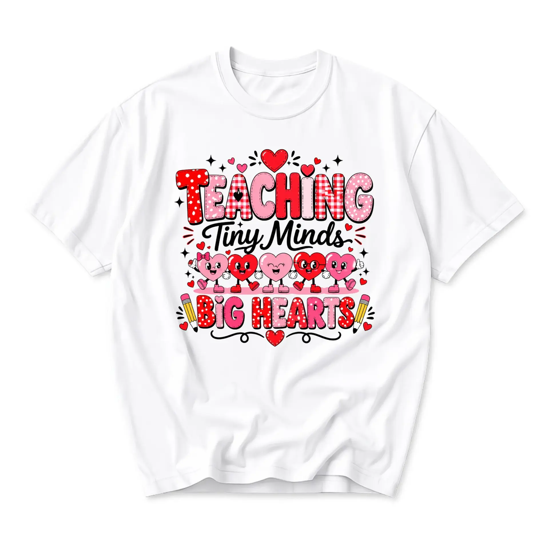 Graphic Tee Teaching Tiny Minds Big Hearts Unisex Crew Neck Short Sleeve Shirt for Casual Everyday Fashion Wear