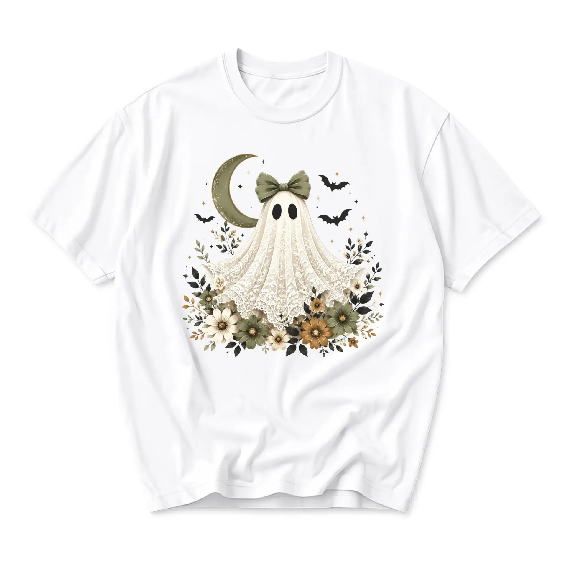 Graphic Tee Unisex Short Sleeve Crew Neck Shirt Featuring Cute Lace Ghost with Bow Moon and Floral Autumn Design