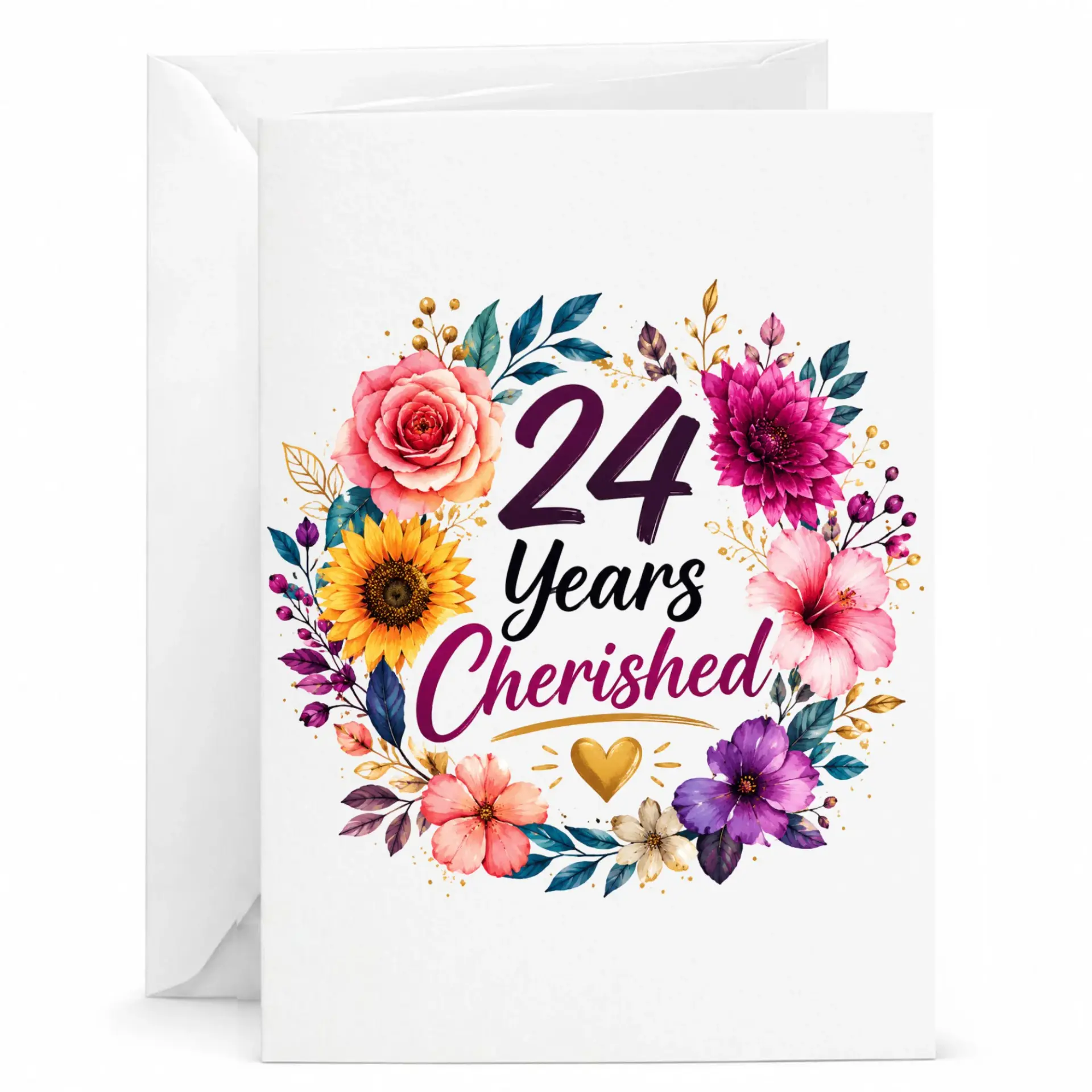 Greeting Card for 24th Anniversary 24 Years Cherished Floral Design Floral Wreath Keepsake Folded Paper Stationery