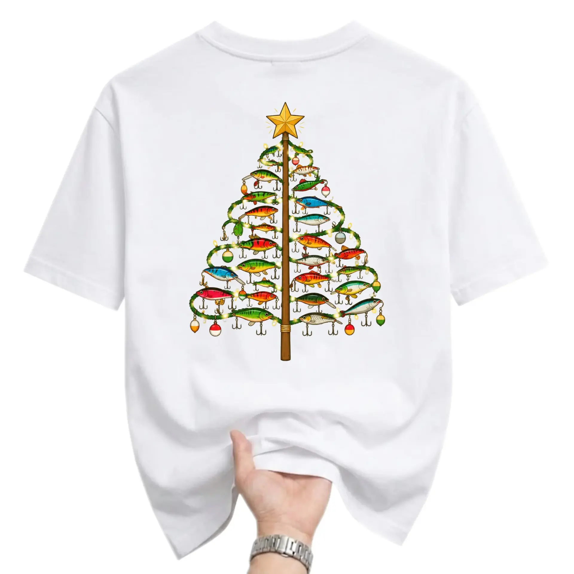 Funny Shirt Christmas Tree Made of Fishing Lures Graphic Tee Unisex Casual Crew Neck Soft Cotton Blend Summer Apparel