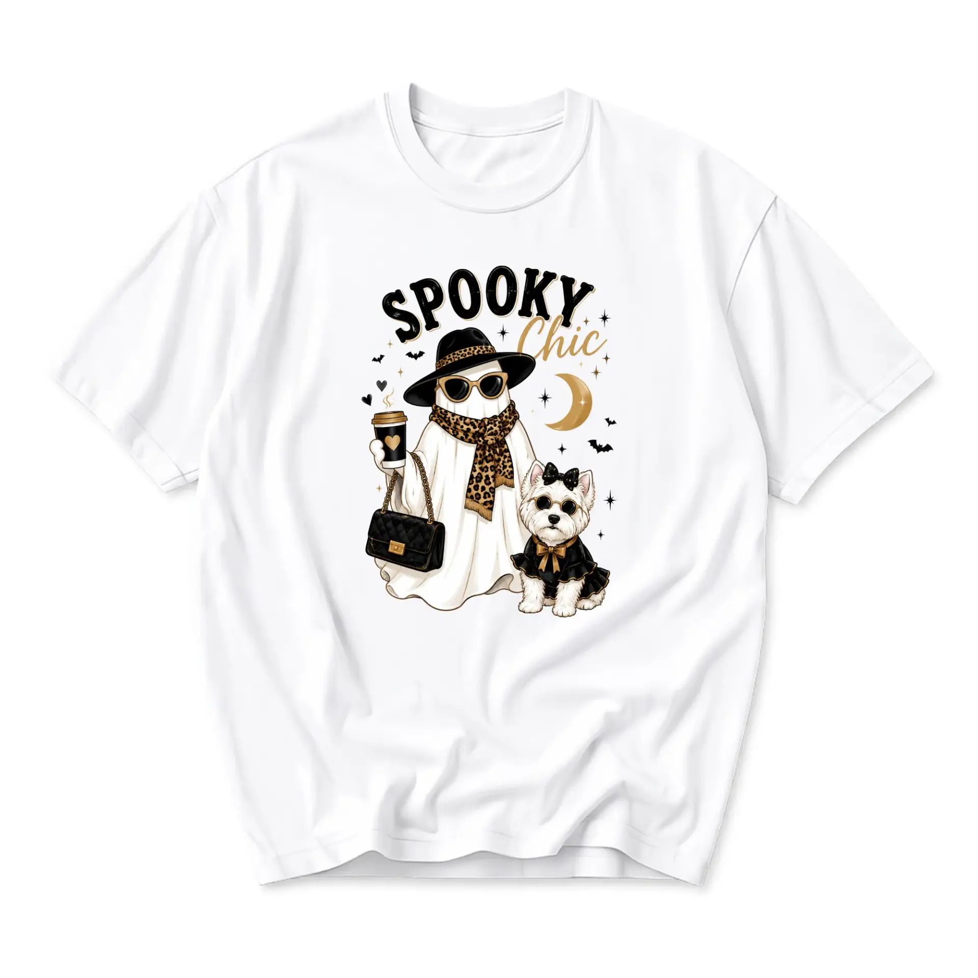 Graphic Tee Spooky Chic Ghost Fashionista with Dog Design Unisex Casual Crew Neck Comfortable Cotton Blend Shirt